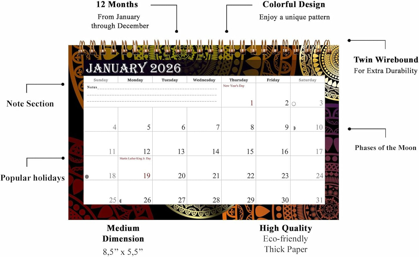 2026-12 Months Desk Calendar Desktop Planner with To-Do List & Notes 016