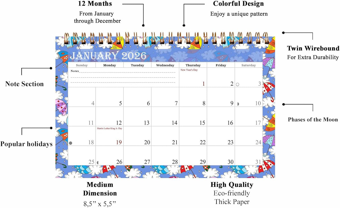 2026-12 Months Desk Calendar Desktop Planner with To-Do List & Notes 014