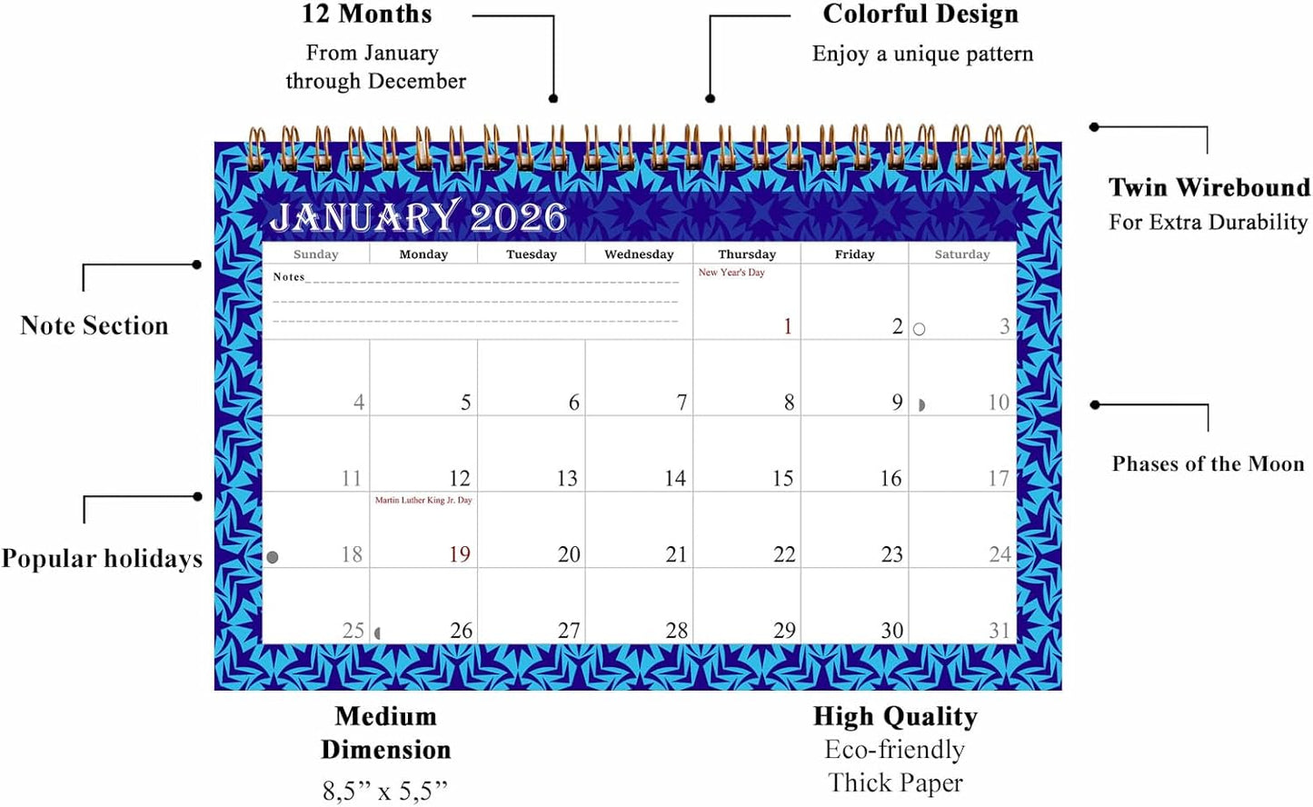 2026-12 Months Desk Calendar Desktop Planner with To-Do List & Notes 07