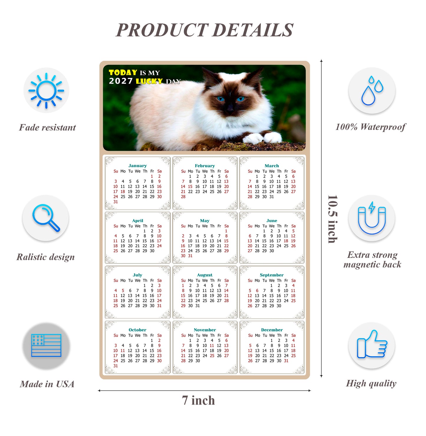 2027 Magnetic Calendar - Today is My Lucky Day (Fade, Tear, and Water Resistant)- Cat Themed 02