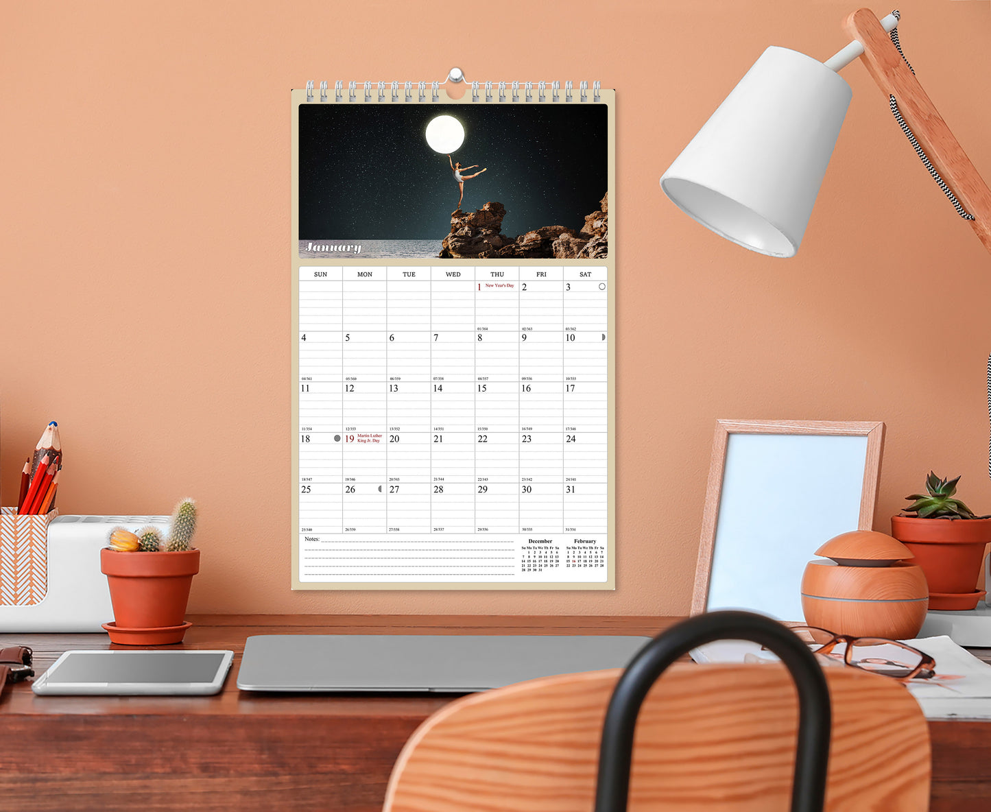 2026 Wall Calendar Spiral-bound Twin-Wire Binding - 12 Months Planner - Large Ruled Blocks with Julian Dates - (Lunar)