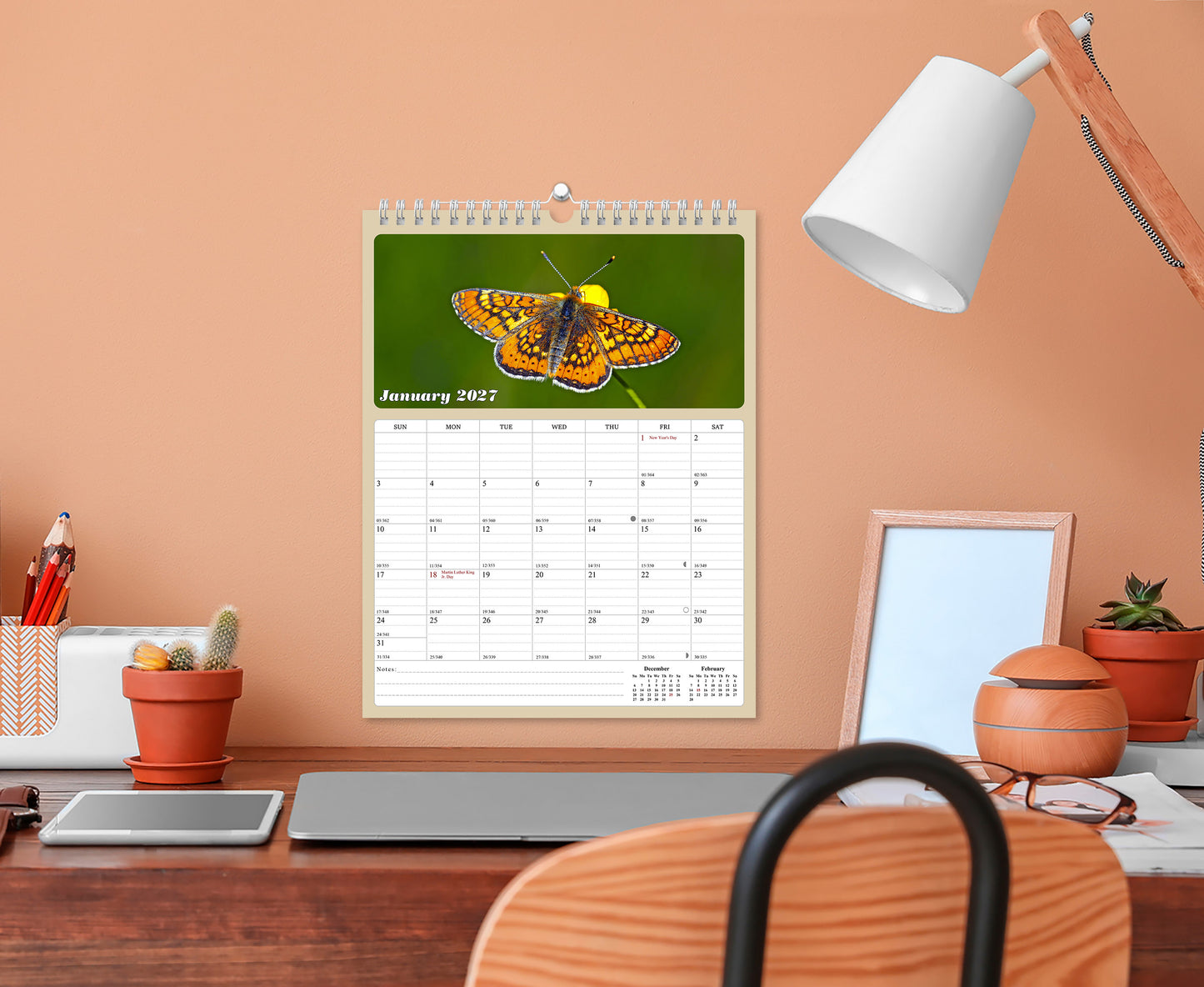 2027 Wall Calendar Spiral-bound Twin-Wire Binding - 12 Months Planner - Large Ruled Blocks with Julian Dates - (Butterfly)