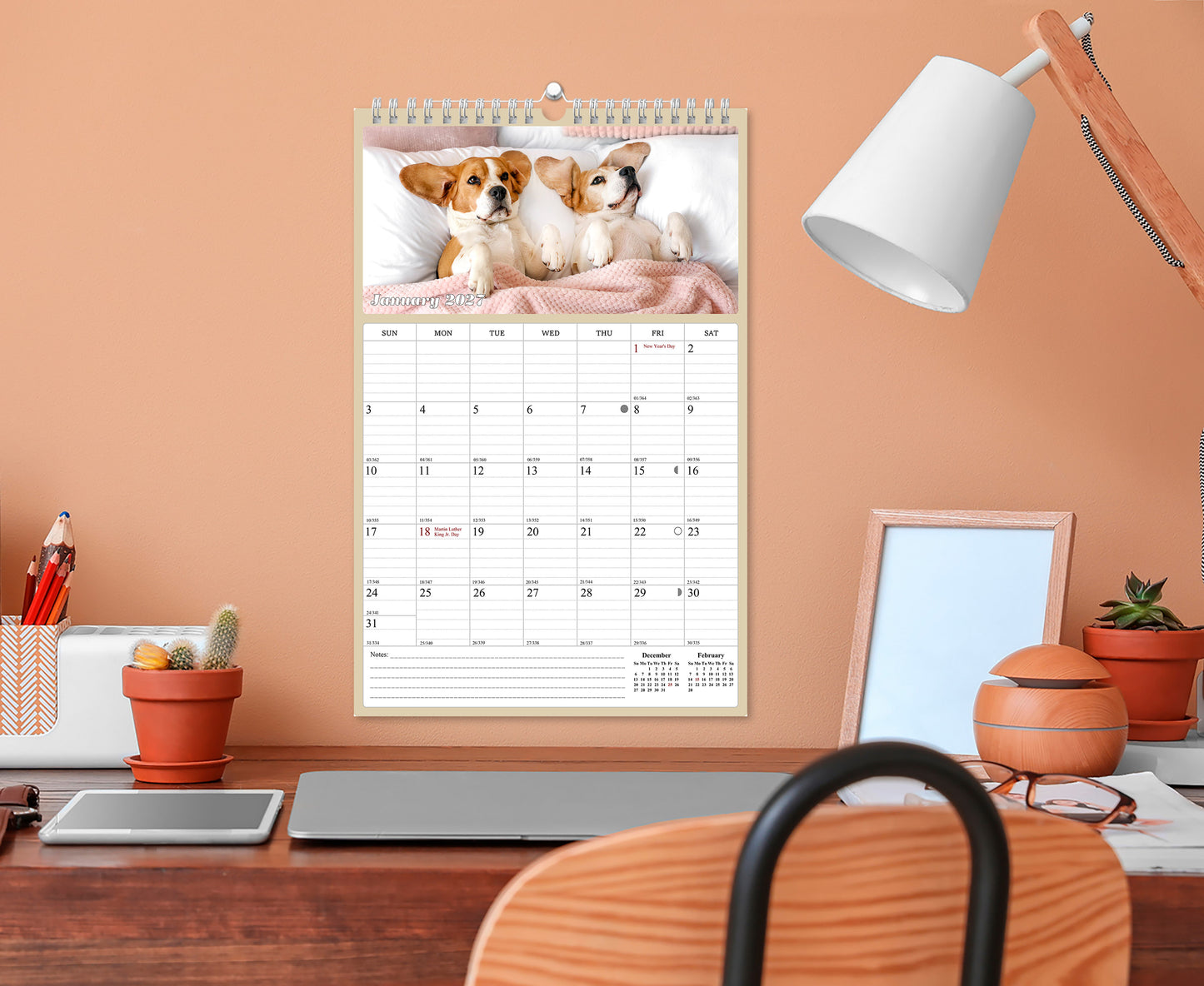 2026 - 2027 Wall Calendar Spiral-bound Twin-Wire Binding - 18 Months Planner - Large Ruled Blocks with Julian Dates - (Dogs)