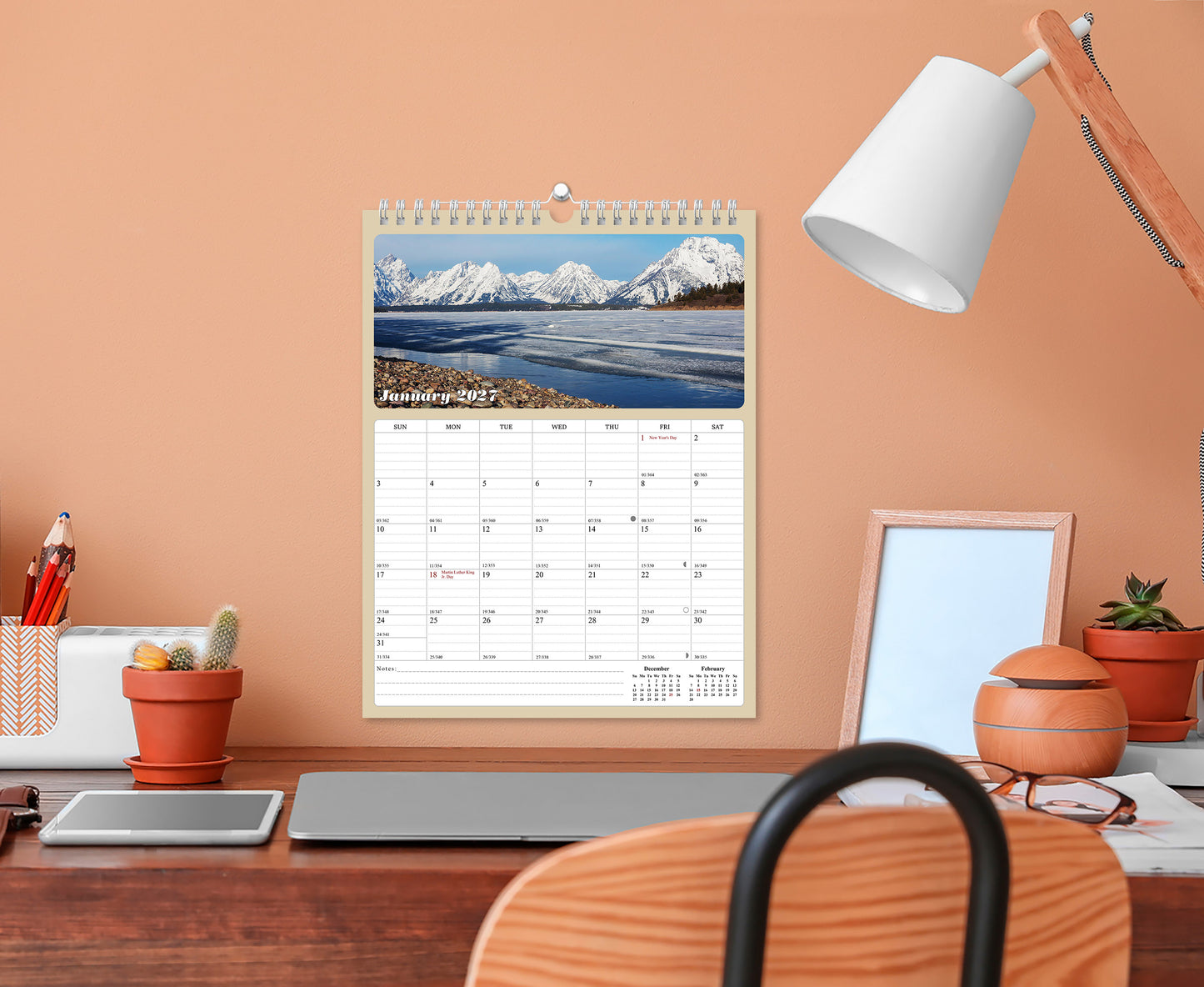2027 Wall Calendar Spiral-bound Twin-Wire Binding - 12 Months Planner - Large Ruled Blocks with Julian Dates - (National Parks)