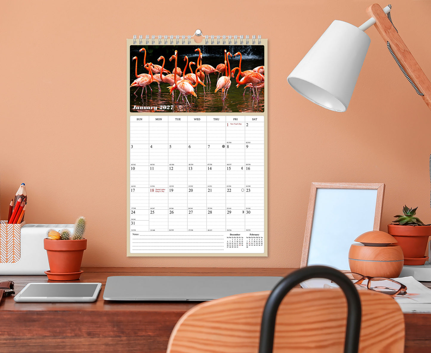 2027 Wall Calendar Spiral-bound Twin-Wire Binding - 12 Months Planner - Large Ruled Blocks with Julian Dates - (Birds)