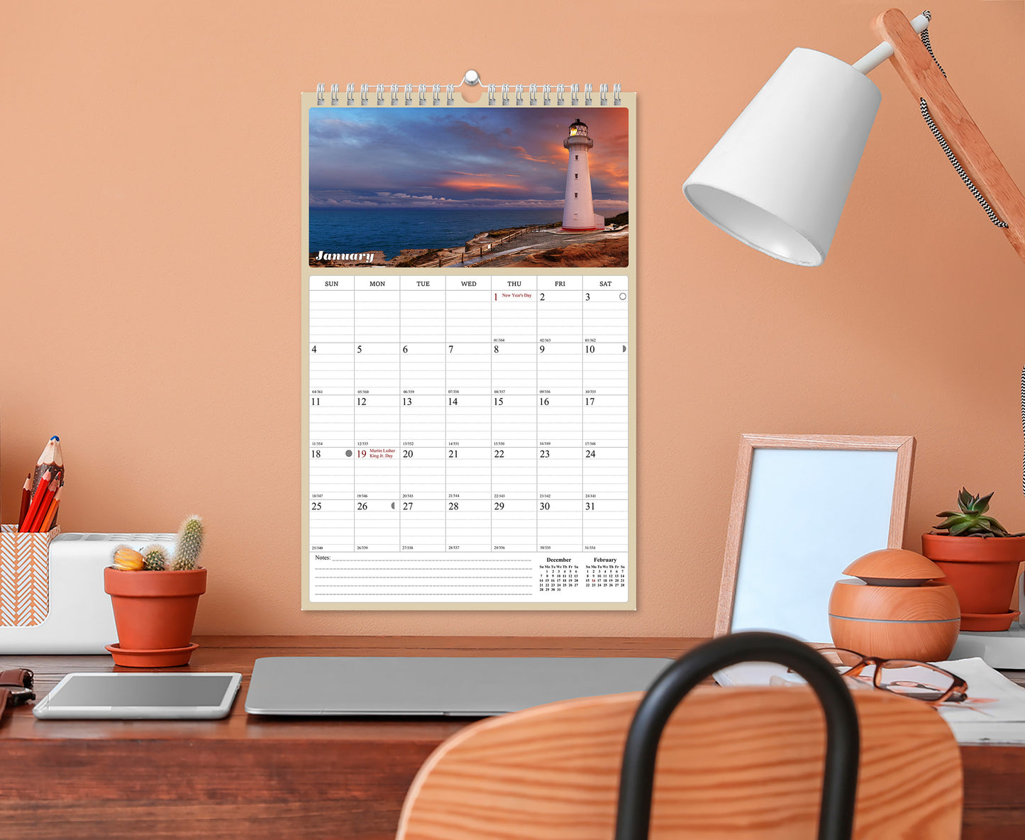 2025 - 2026 Wall Calendar Spiral-bound Twin-Wire Binding - 18 Months Planner - Large Ruled Blocks with Julian Dates - (Lighthouses)