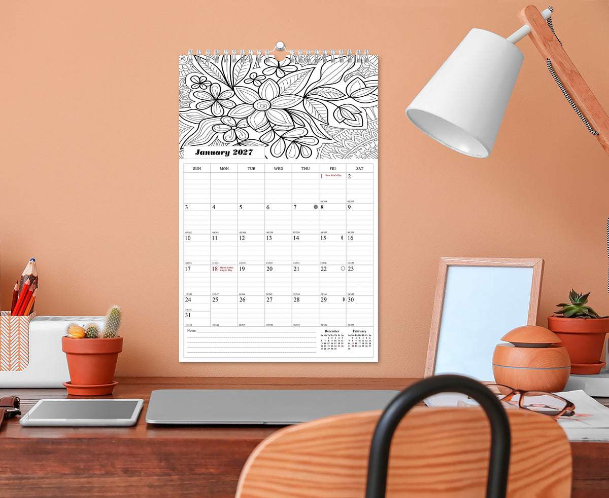 2026 - 2027 Wall Coloring Calendar Spiral-bound Twin-Wire Binding - 18 Months Planner - Large Ruled Blocks with Julian Dates - (Flowers)