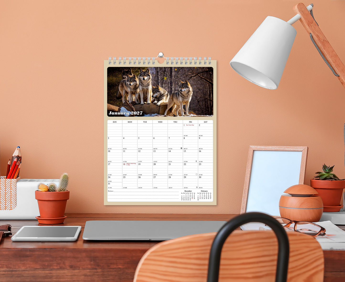 2027 Wall Calendar Spiral-bound Twin-Wire Binding - 12 Months Planner - Large Ruled Blocks with Julian Dates - (Woolfs)