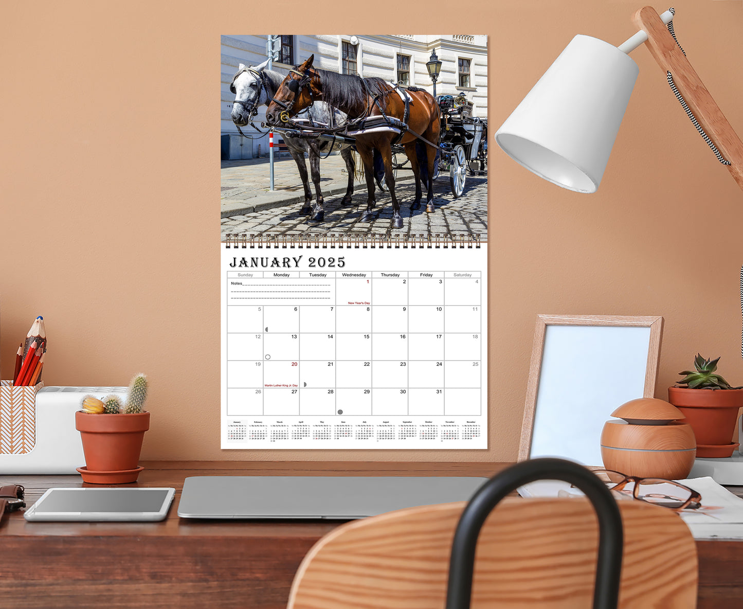 2025 Spiral-bound Wall Calendar (Horses) - 12 Months Desktop/Wall Calendar/Planner