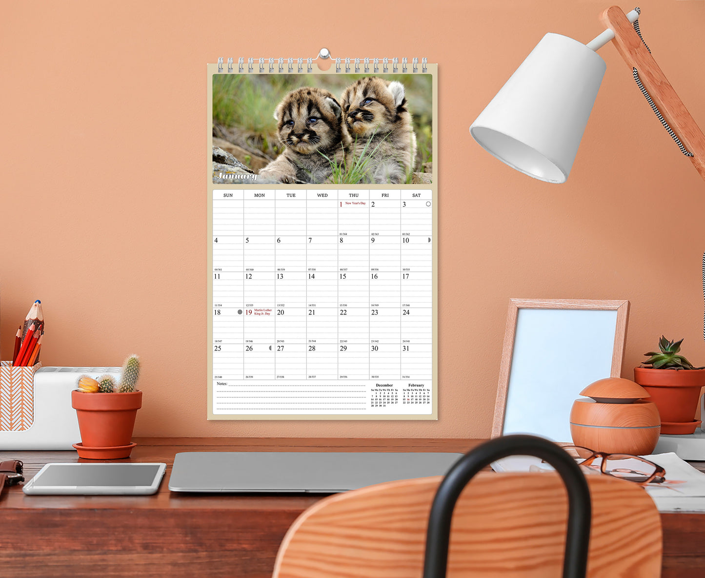 2025 - 2026 Wall Calendar Spiral-bound Twin-Wire Binding - 18 Months Planner - Large Ruled Blocks with Julian Dates - (Baby Animals)