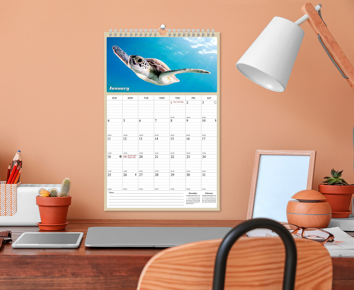 2026 Wall Calendar Spiral-bound Twin-Wire Binding - 12 Months Planner - Large Ruled Blocks with Julian Dates - (Turtles)