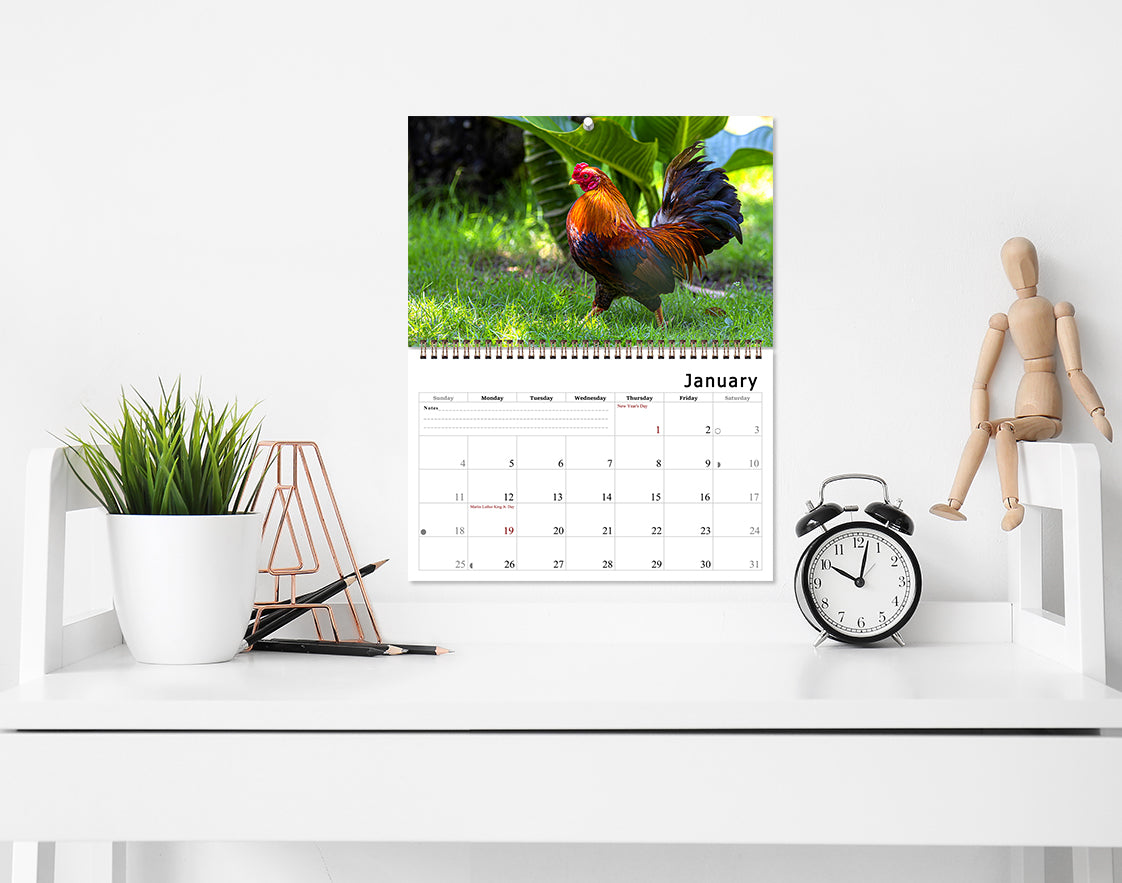 2026 Spiral-bound Wall Calendar (Roosters) - 12 Months Desktop/Wall Calendar/Planner