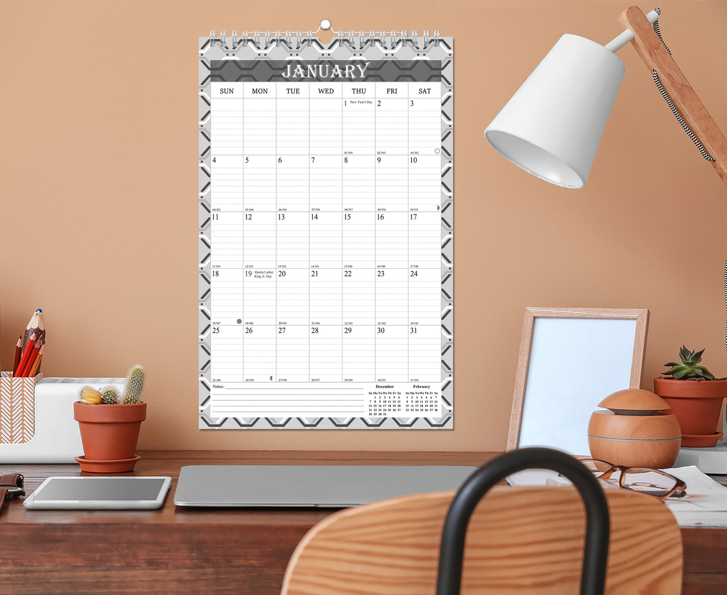 2026 Wall Calendar Spiral-Bound Twin-Wire Binding - 12 Months 03 B&W