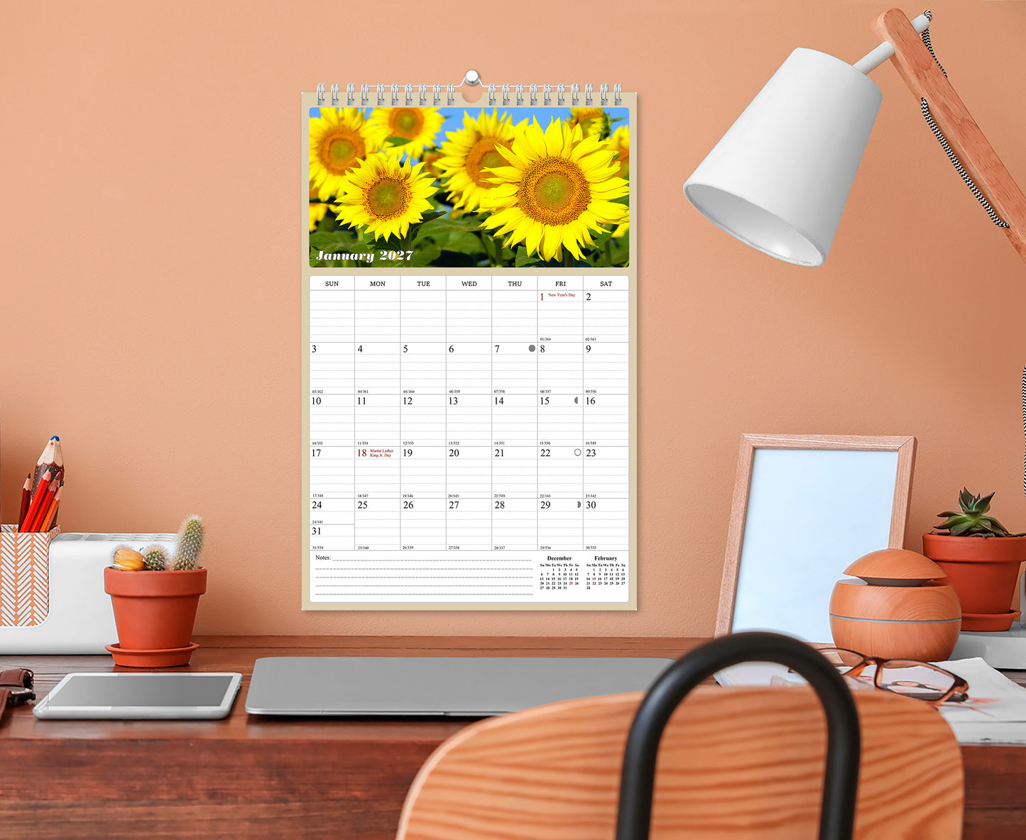 2027 Wall Calendar Spiral-bound Twin-Wire Binding - 12 Months Planner - Large Ruled Blocks with Julian Dates - (Sunflowers)
