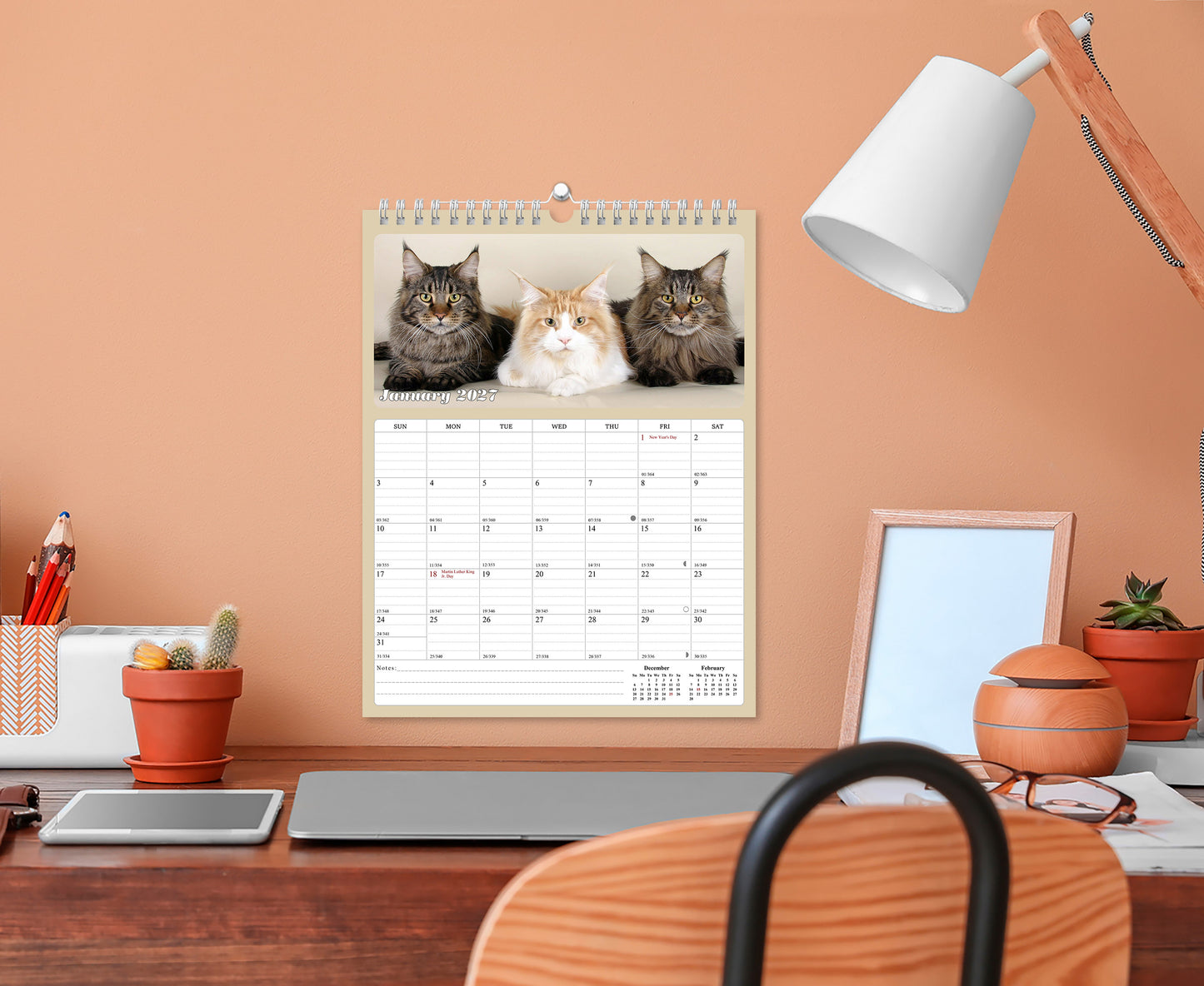 2027 Wall Calendar Spiral-bound Twin-Wire Binding - 12 Months Planner - Large Ruled Blocks with Julian Dates - (Cats)