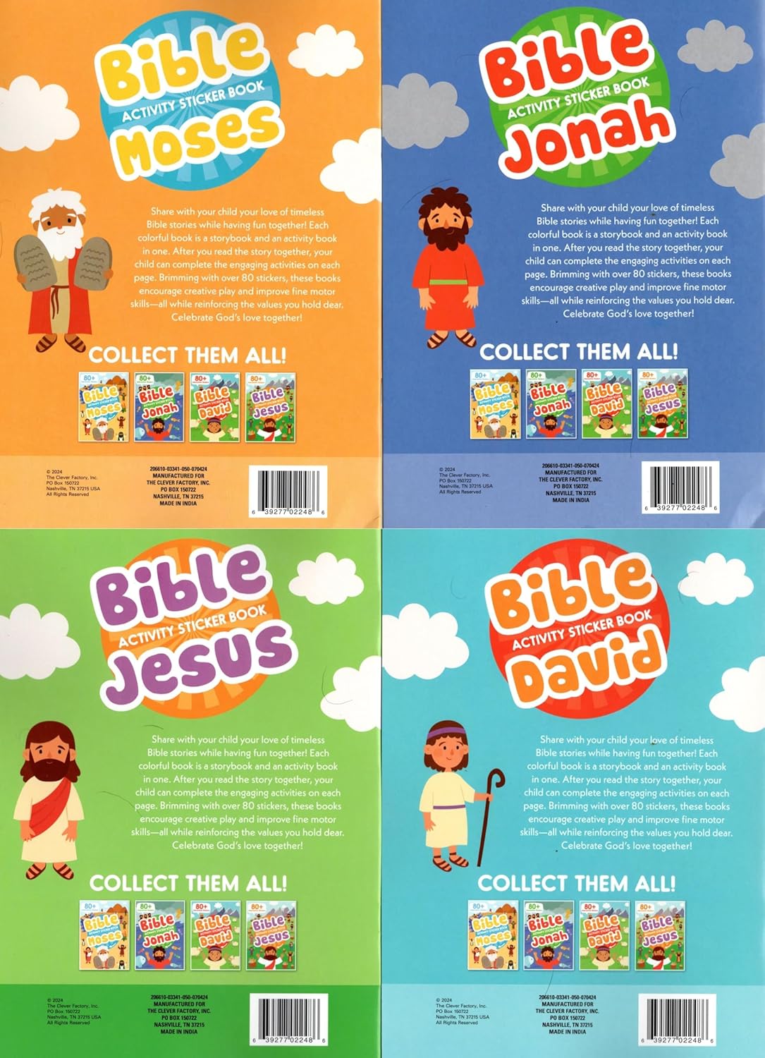 Bible Activity Jonah, Moses, Jesus, David - Sticker Book Over 80 Stickers (Set of 4 Books)
