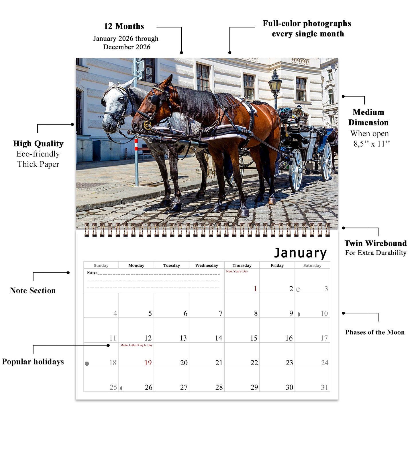 2026 Spiral-bound Wall Calendar (Horses) - 12 Months Desktop/Wall Calendar/Planner