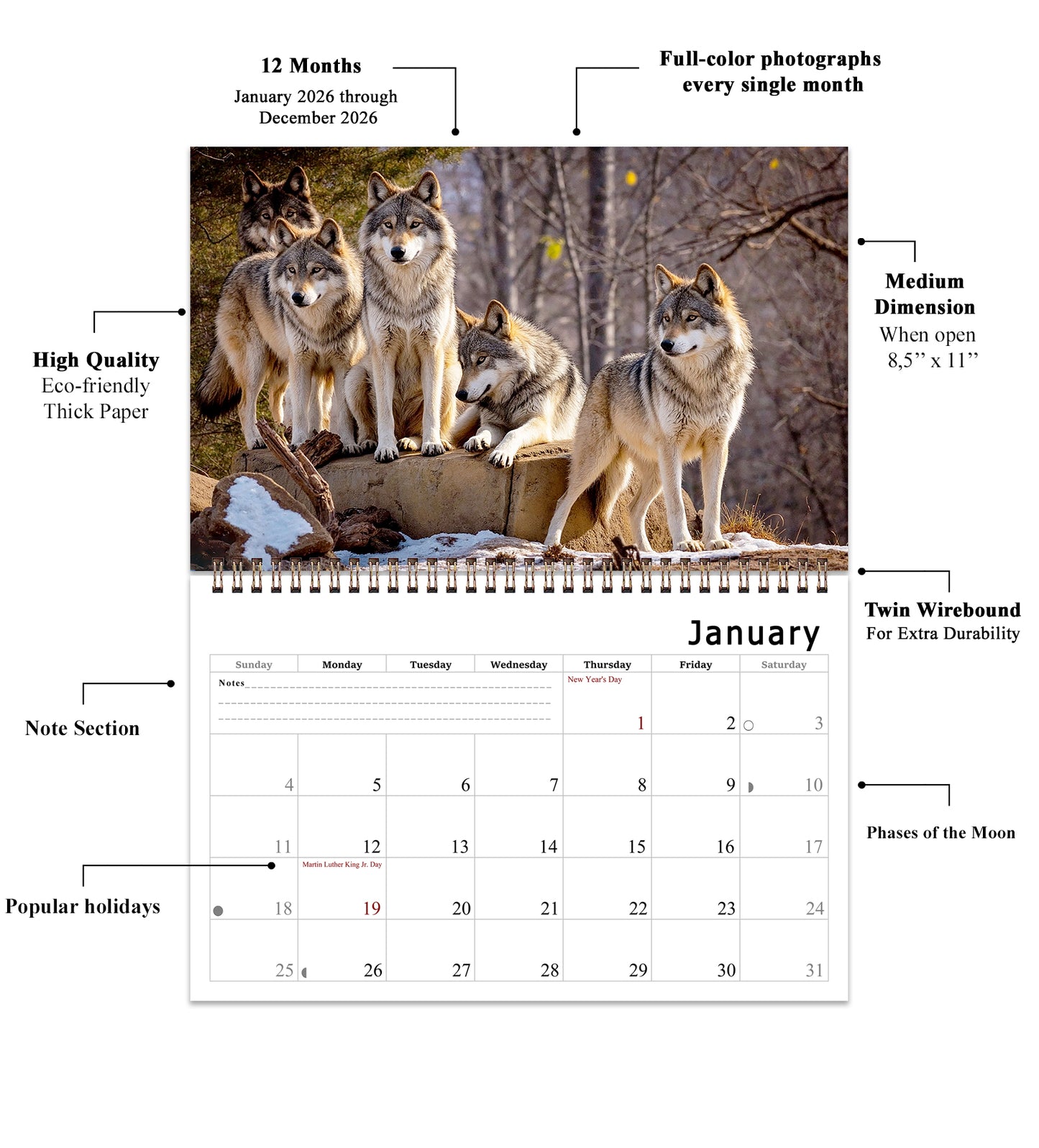 2026 Spiral-bound Wall Calendar (Wolves) - 12 Months Desktop/Wall Calendar/Planner