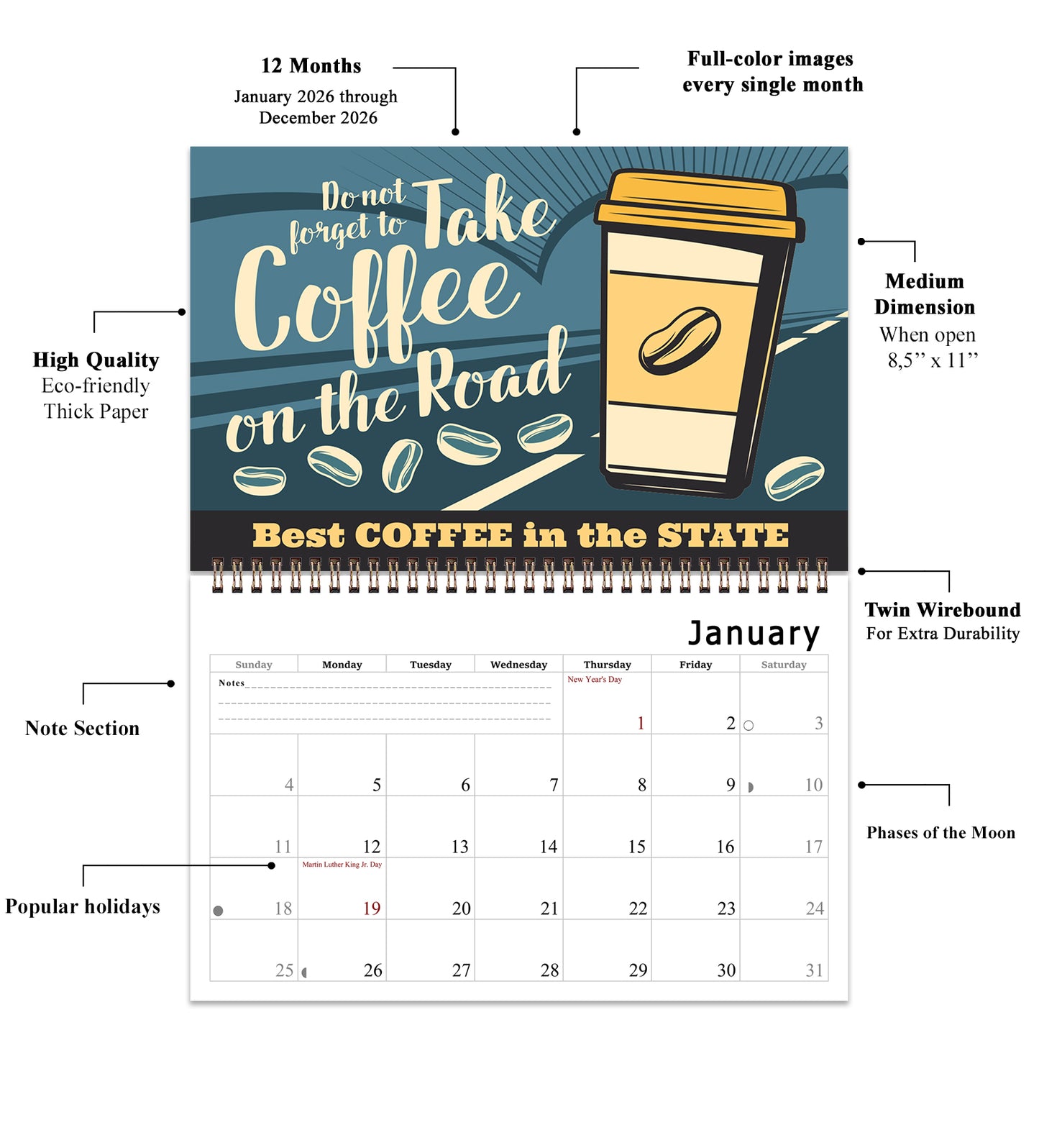 2026 Spiral-bound Wall Calendar (Coffee) - 12 Months Desktop/Wall Calendar/Planner
