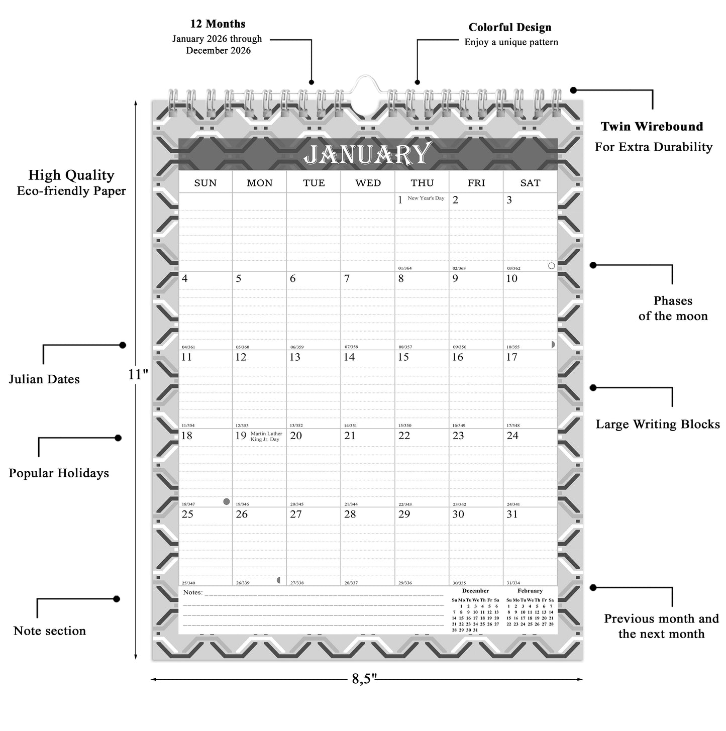 2026 Wall Calendar Spiral-Bound Twin-Wire Binding - 12 Months 03 B&W
