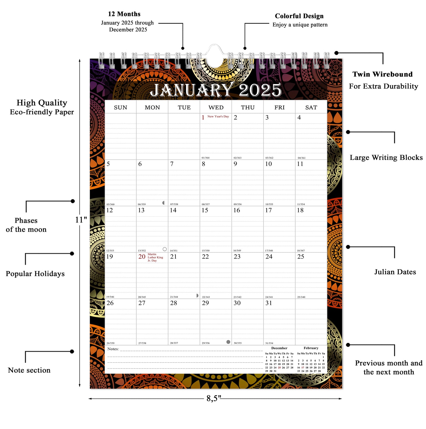 2025 Wall Calendar Spiral-Bound Twin-Wire Binding - 12 Months 09