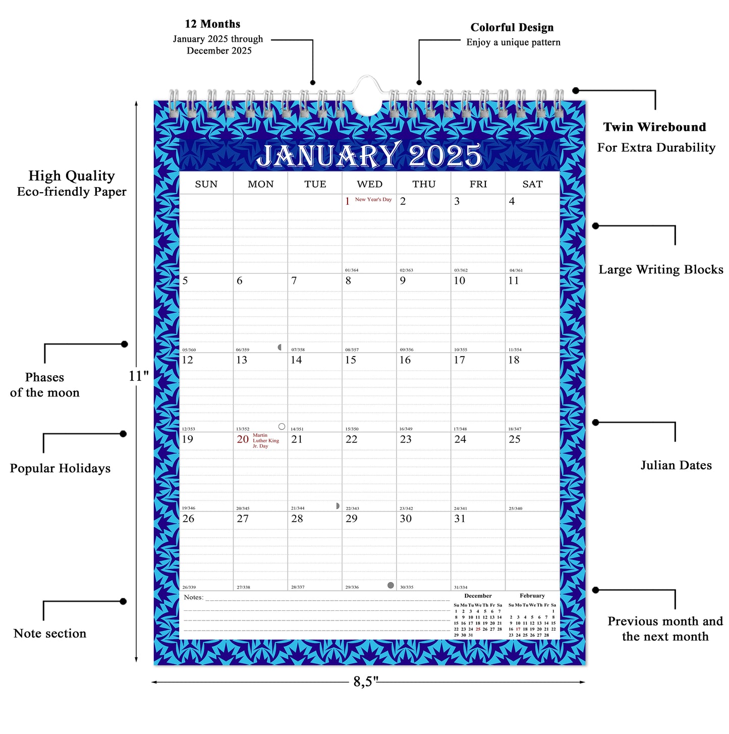 2025 Wall Calendar Spiral-Bound Twin-Wire Binding - 12 Months 14