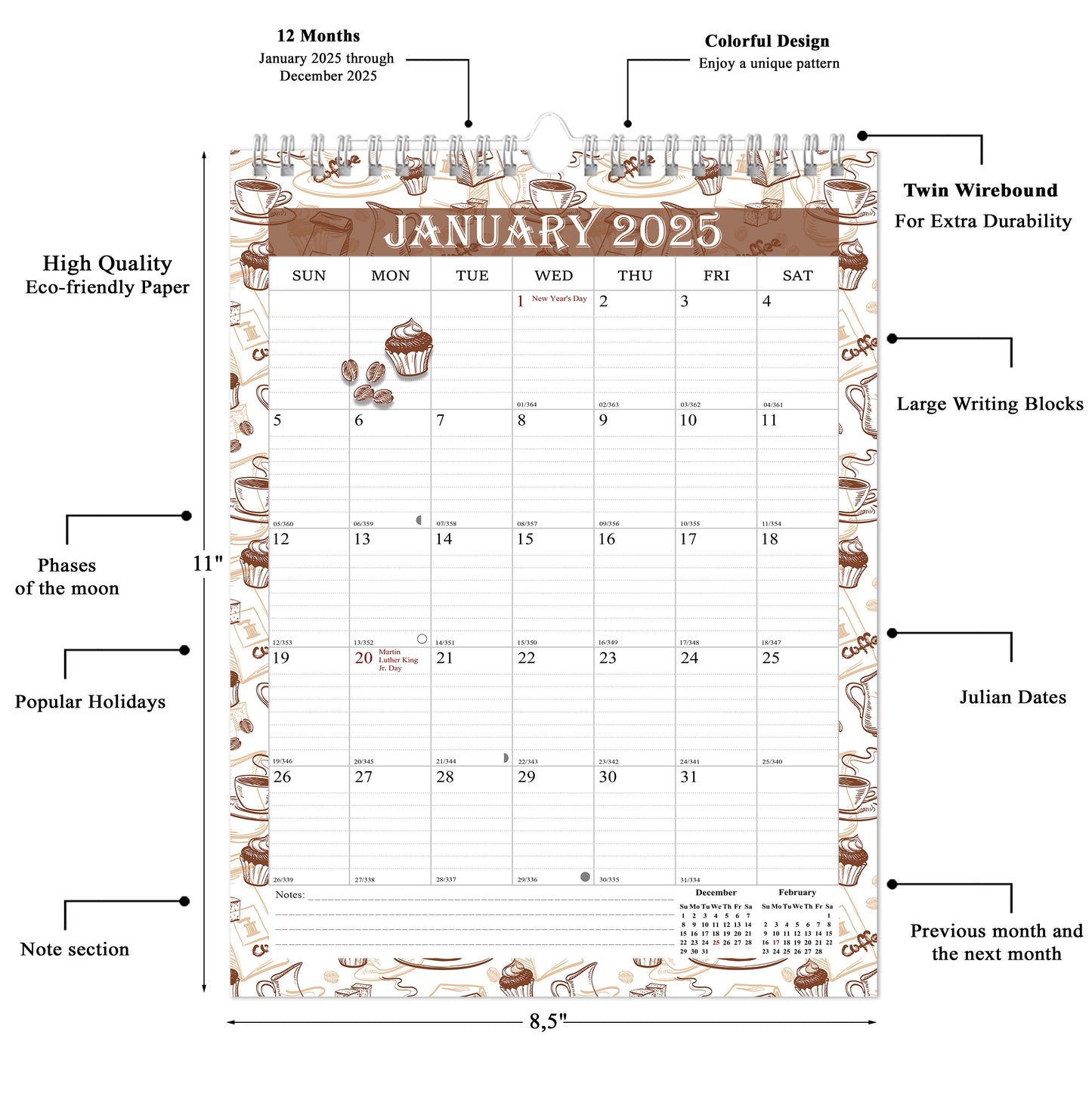 2025 Wall Calendar Spiral-Bound Twin-Wire Binding - 12 Months 10