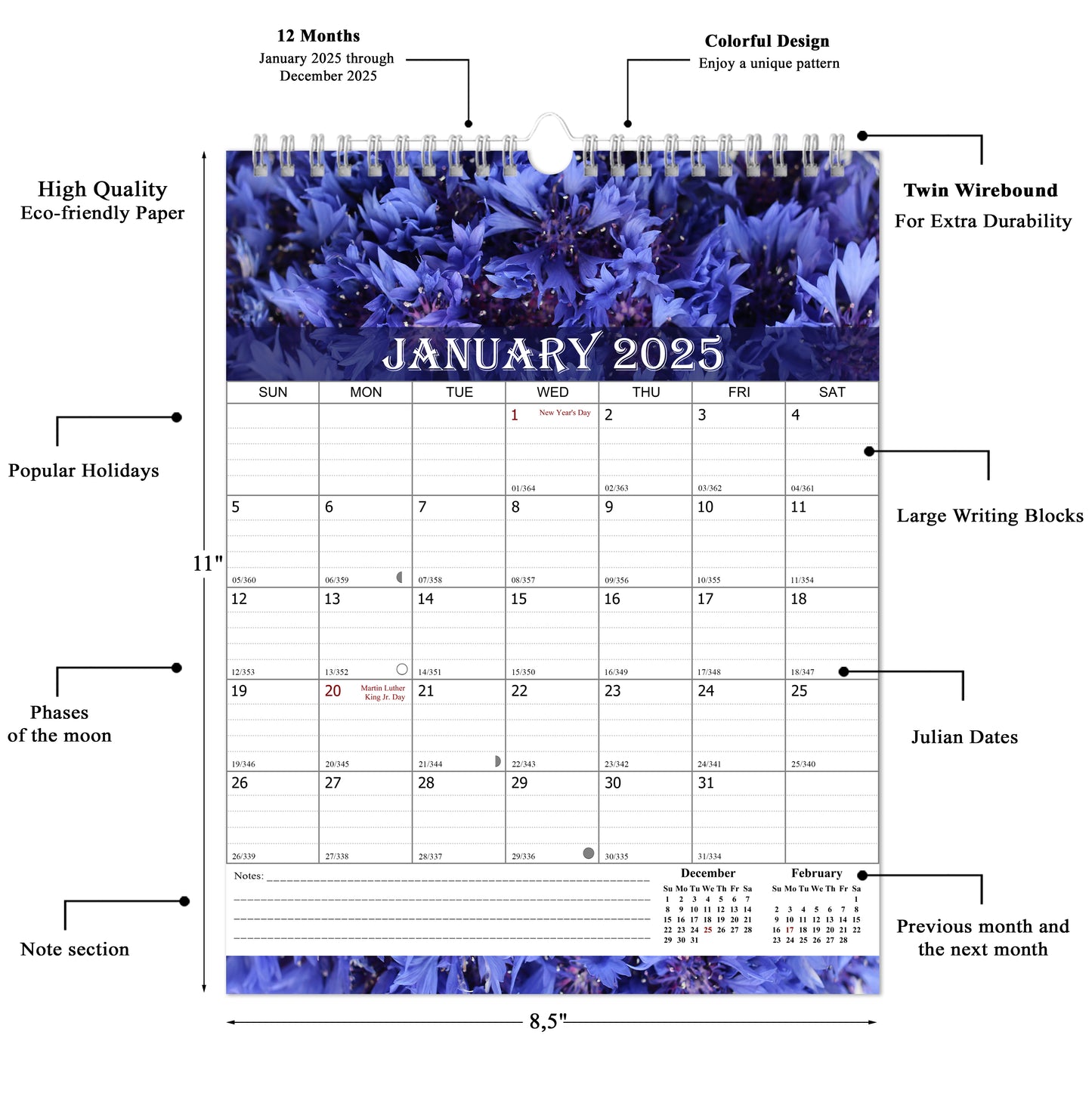 2025 Wall Calendar Spiral-Bound Twin-Wire Binding - 12 Months 04