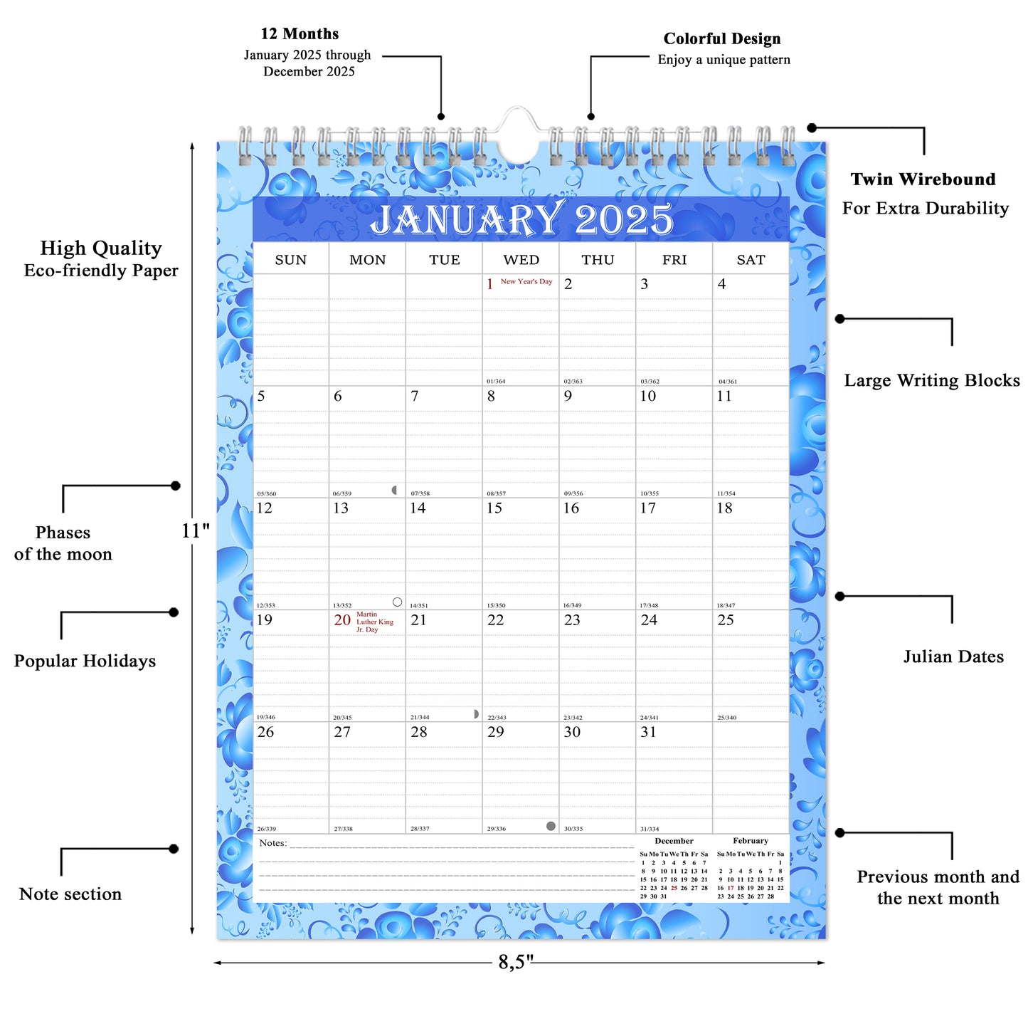 2025 Wall Calendar Spiral-Bound Twin-Wire Binding - 12 Months 15