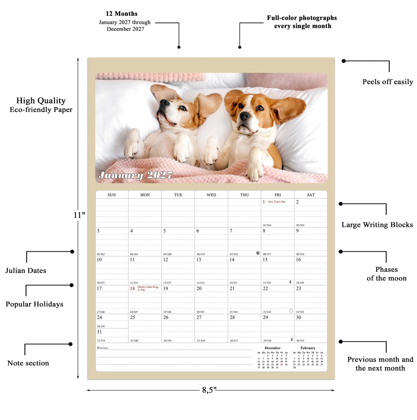 2027 Calendar Magnetic Peel & Stick 12 Months 8.5" x 11" Dogs
