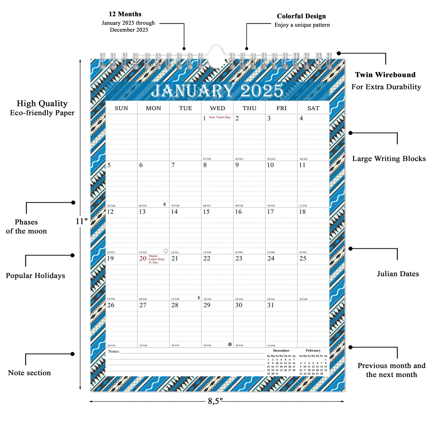 2025 Wall Calendar Spiral-Bound Twin-Wire Binding - 12 Months 11