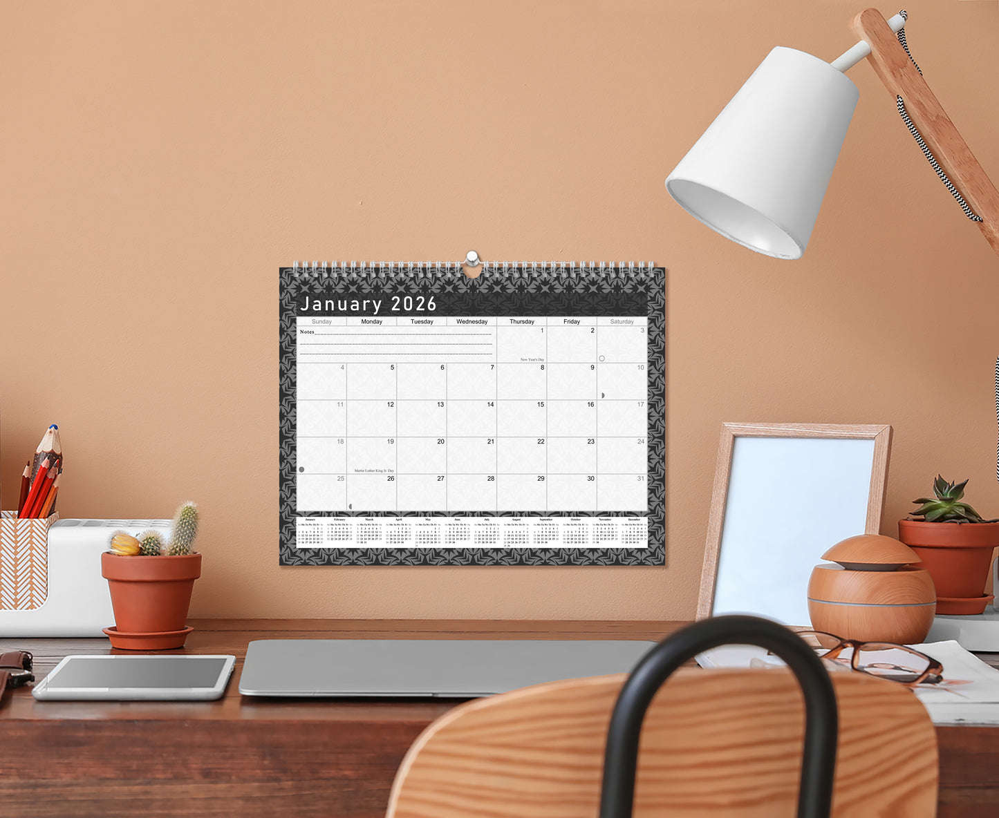 2025-2026 Monthly Spiral-Bound Wall/Desk Calendar - Desktop/Wall Blotter Calendar/Planner - (Edition B&W #017)