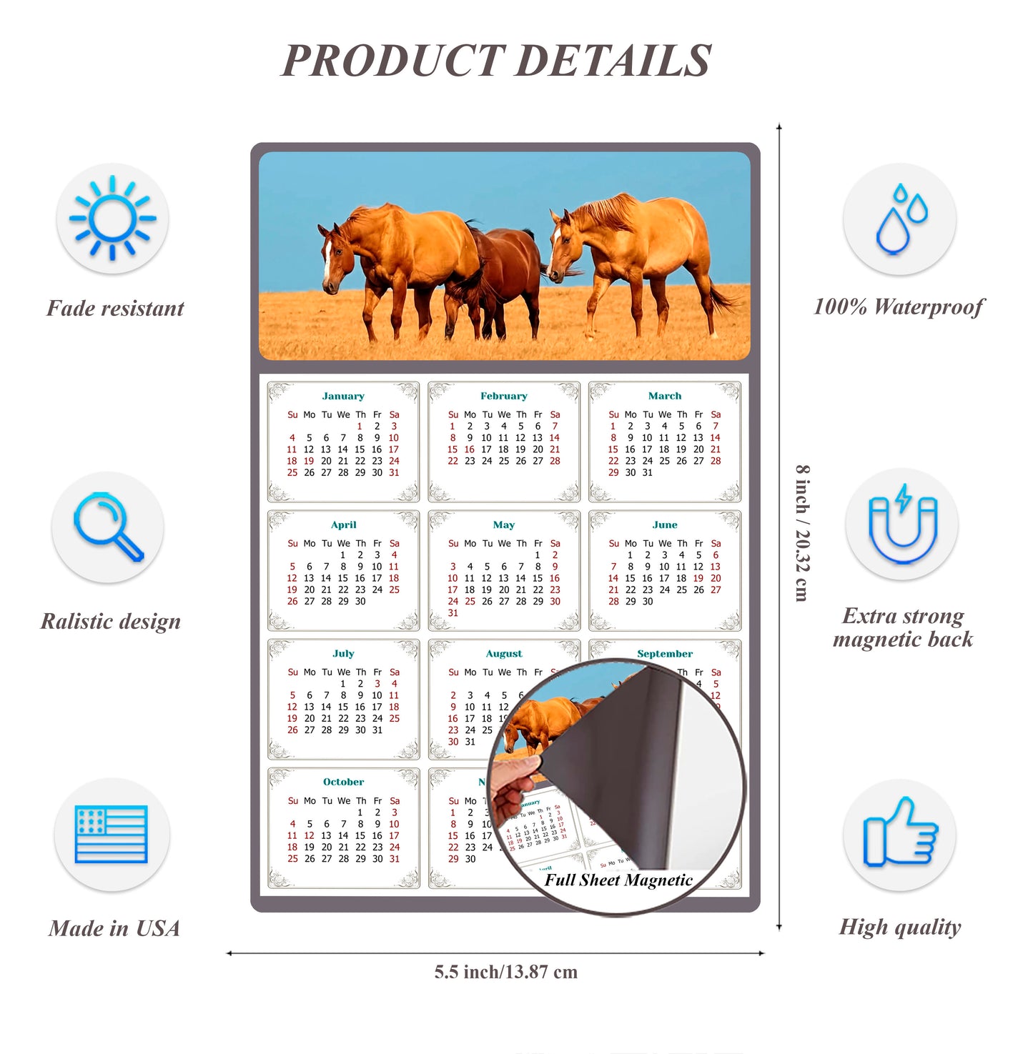 2026 Magnetic Calendar - Calendar Magnets - Today is my Lucky Day - (Fade, Tear, and Water Resistant) - Horses Themed 017