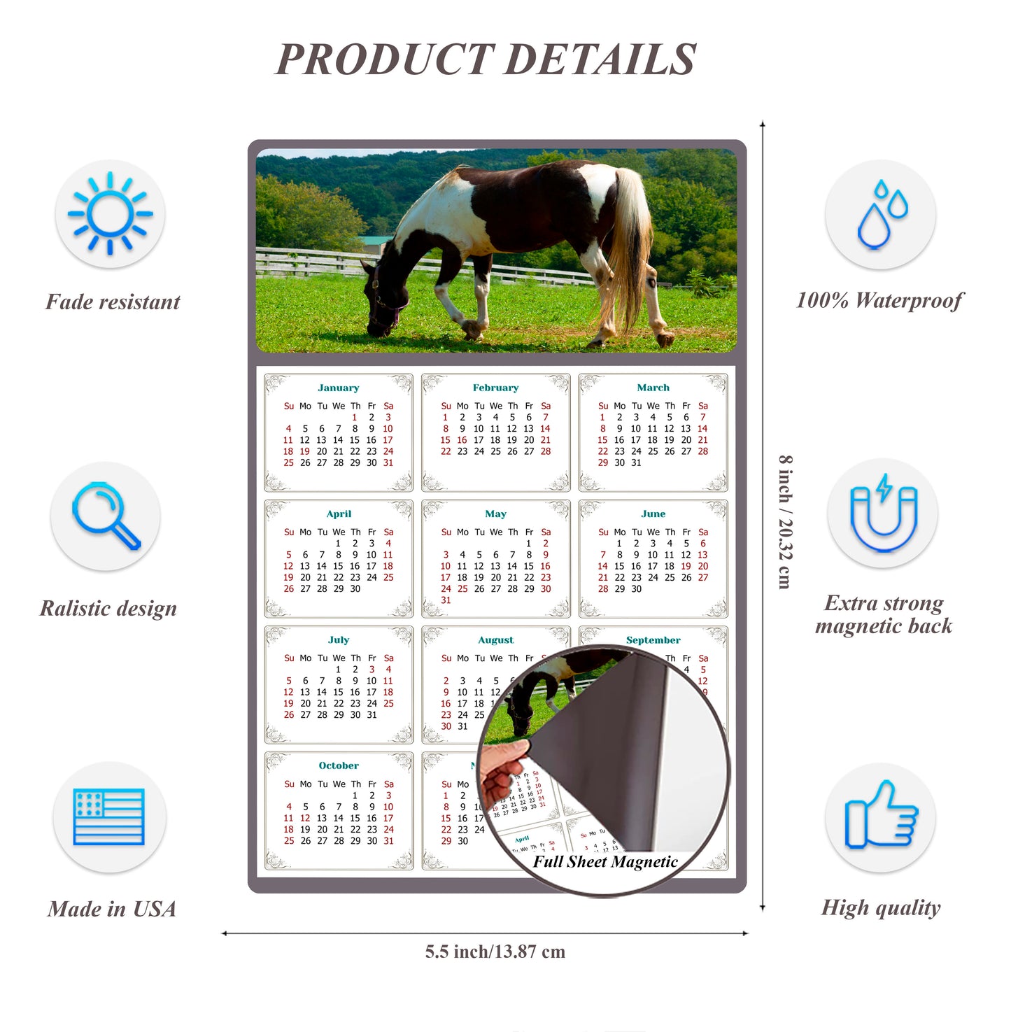 2026 Magnetic Calendar - Calendar Magnets - Today is my Lucky Day - (Fade, Tear, and Water Resistant) - Horses Themed 020