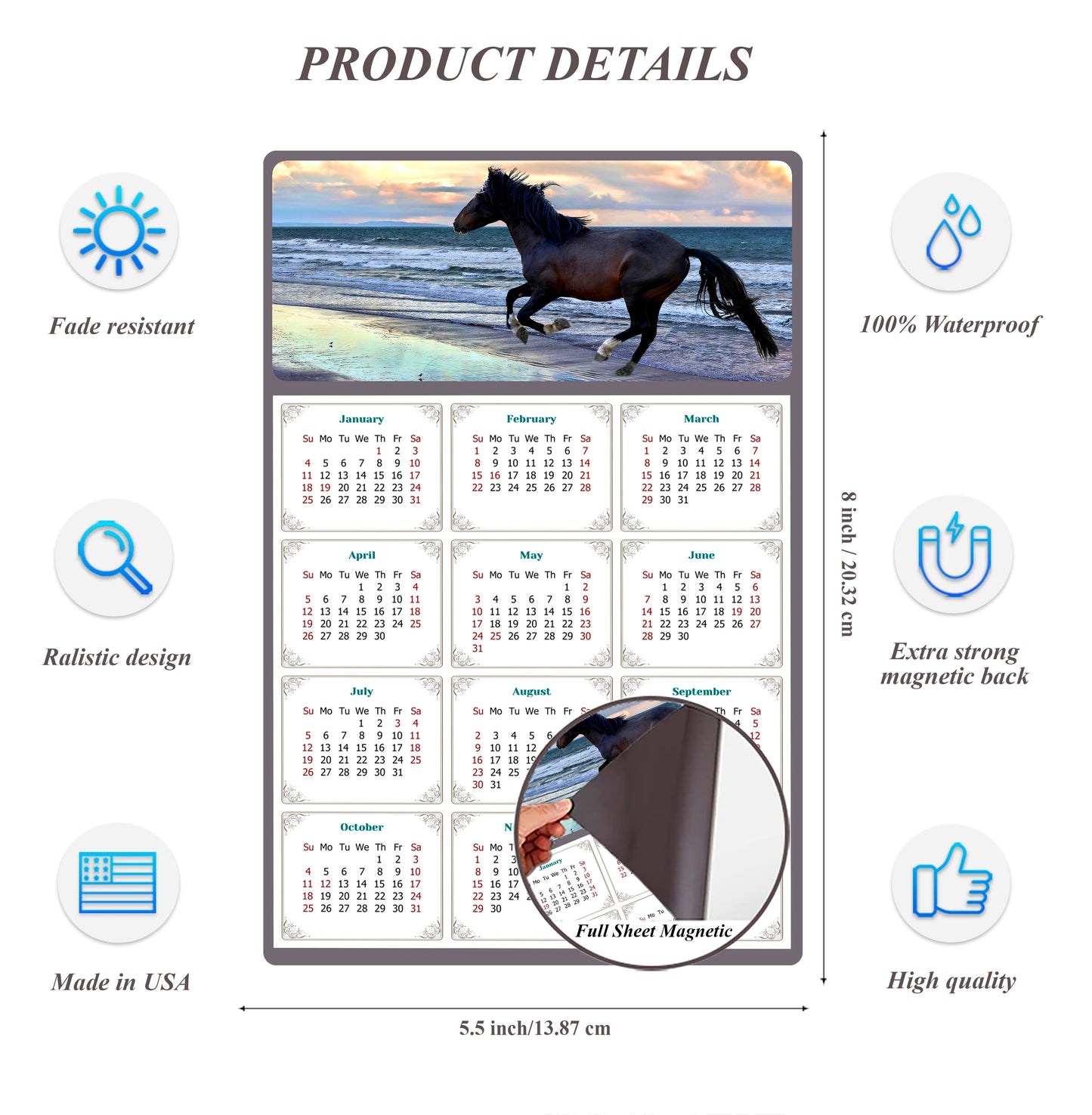 2026 Magnetic Calendar - Calendar Magnets - Today is my Lucky Day - (Fade, Tear, and Water Resistant) - Horses Themed 015