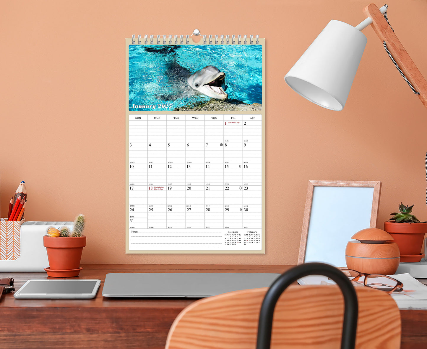 2027 Wall Calendar Spiral-bound Twin-Wire Binding - 12 Months Planner - Large Ruled Blocks with Julian Dates - (Dolphins)