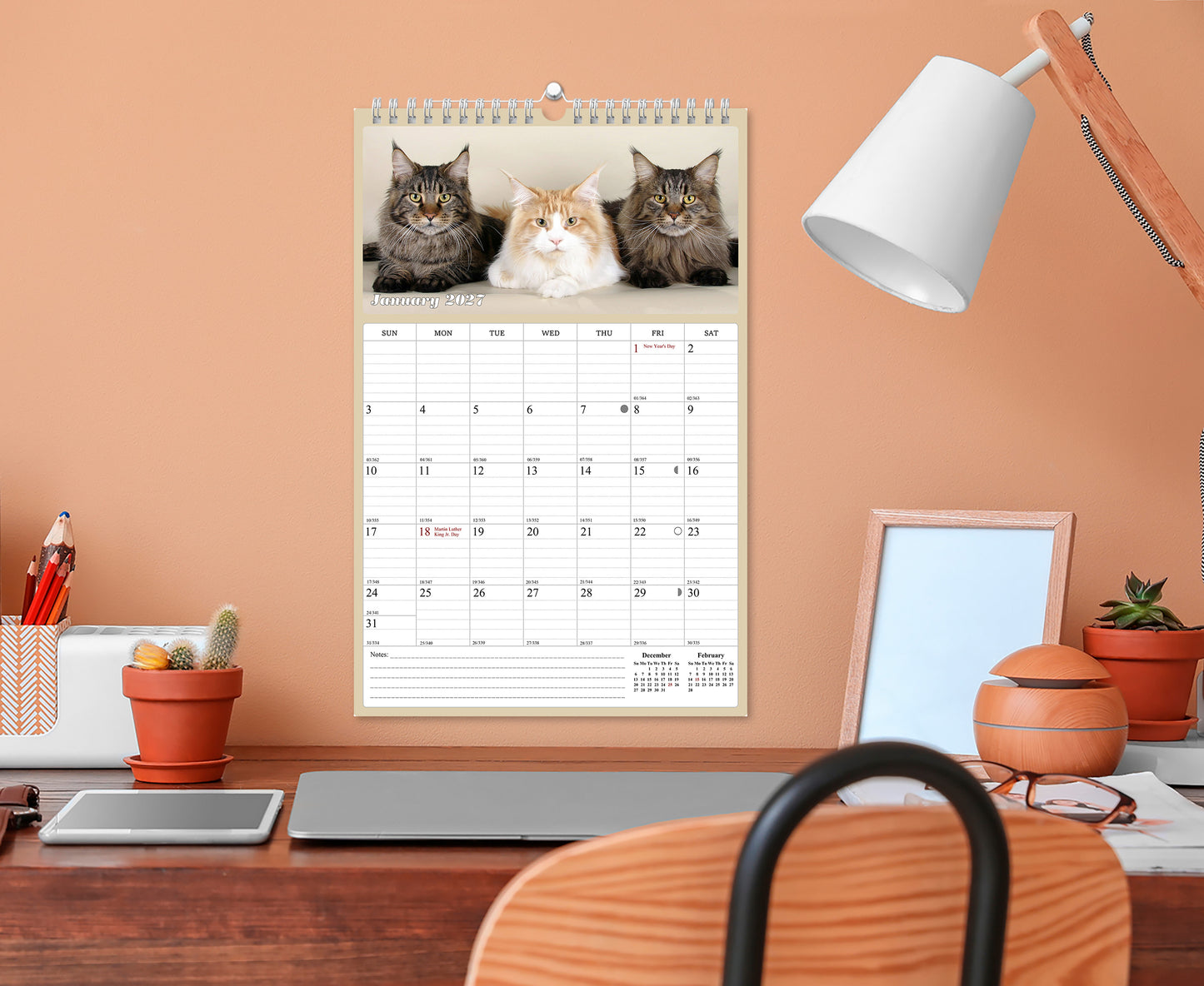 2026 - 2027 Wall Calendar Spiral-bound Twin-Wire Binding - 18 Months Planner - Large Ruled Blocks with Julian Dates - (Cats)