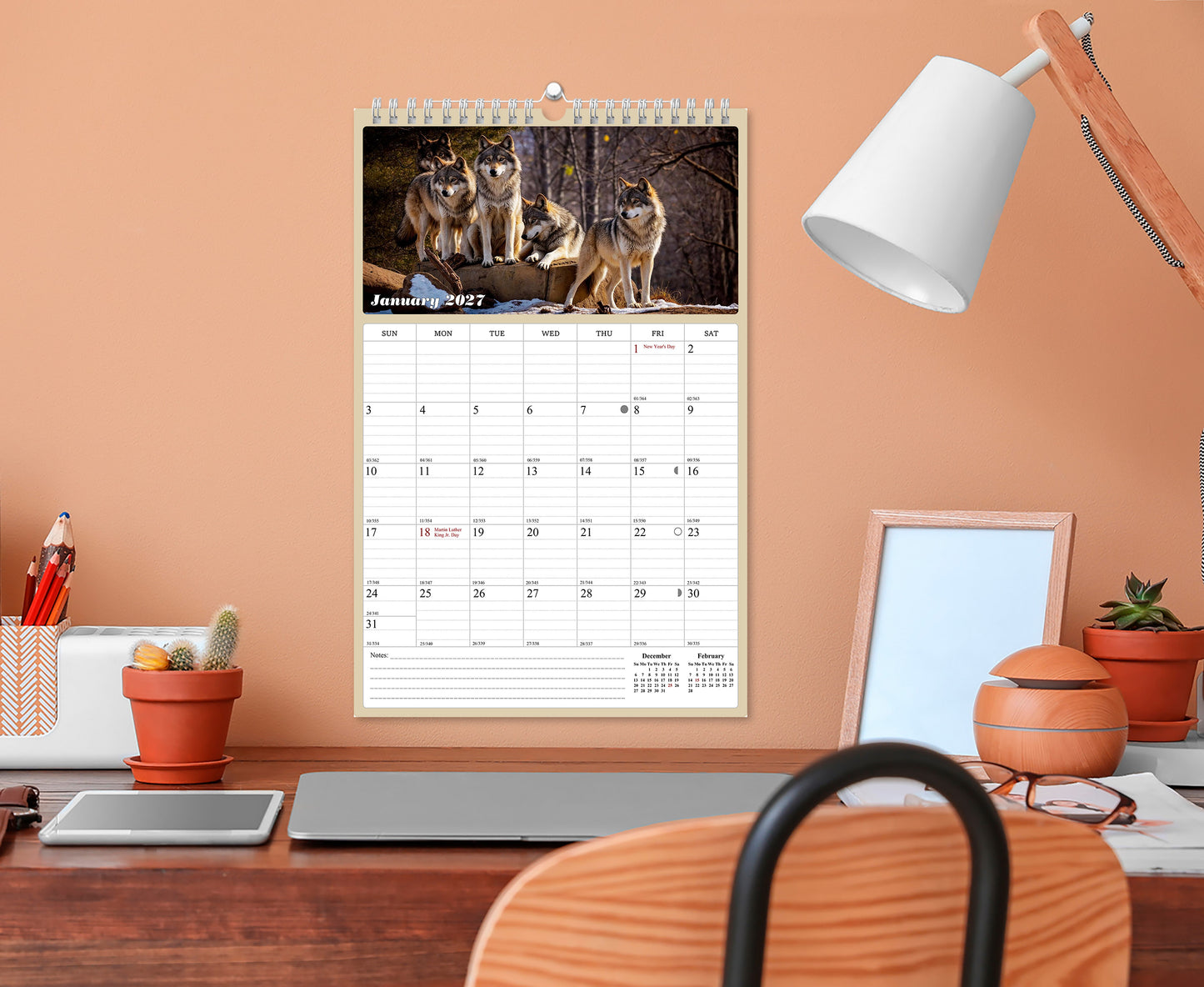 2026-2027 Wall Calendar Spiral-bound Twin-Wire Binding - 18 Months Planner - Large Ruled Blocks with Julian Dates - (Woolfs)