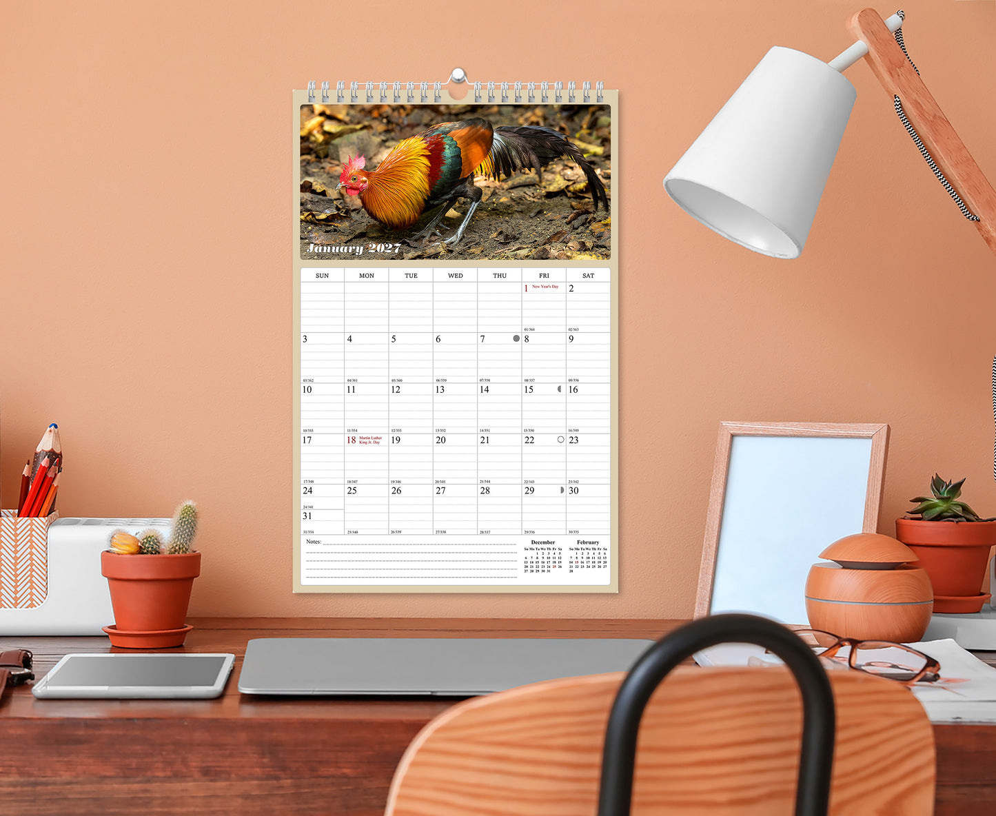 2027 Wall Calendar Spiral-bound Twin-Wire Binding - 12 Months Planner - Large Ruled Blocks with Julian Dates - (Roosters)