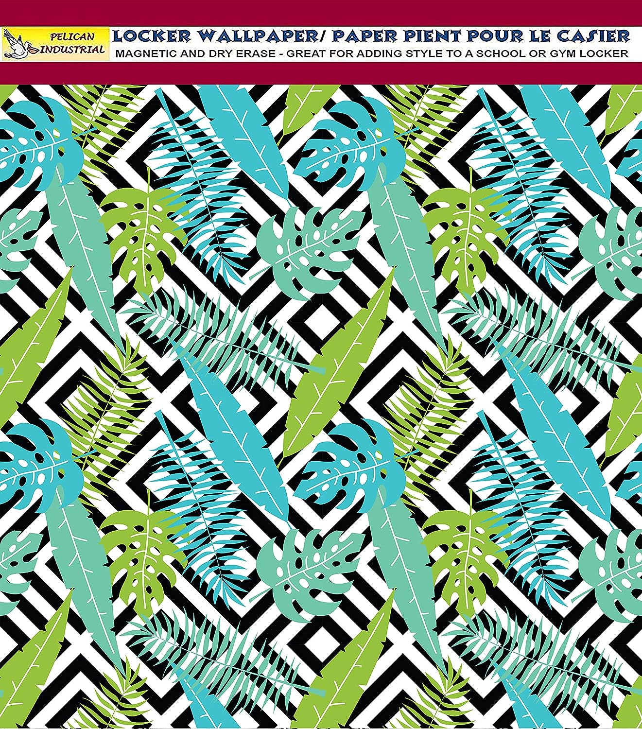 Deluxe School Locker Magnetic Wallpaper (Full sheet Magnetic) - Full Cover Standard Half Lockers - Trimmable, Easy Install, Remove & Reuse - Pack of 12 Sheets - (Tropical Leaves & Geometric vr47)