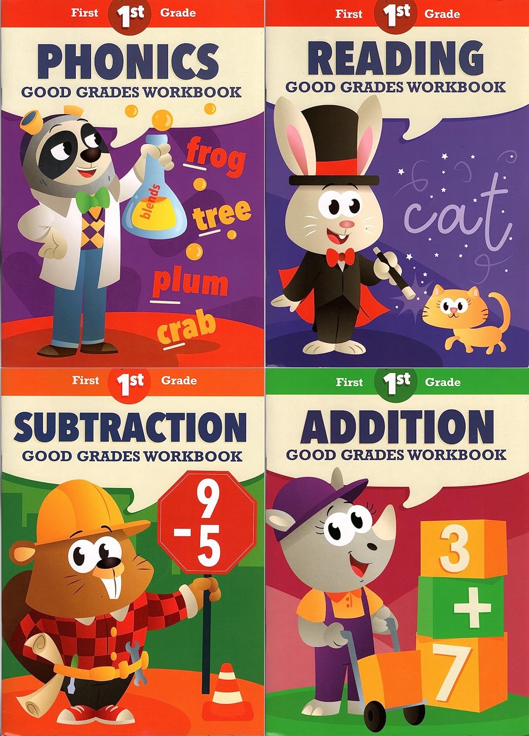 First Grade Educational Workbooks - Good Grades - Reading, Phonics, Addition, & Subtraction