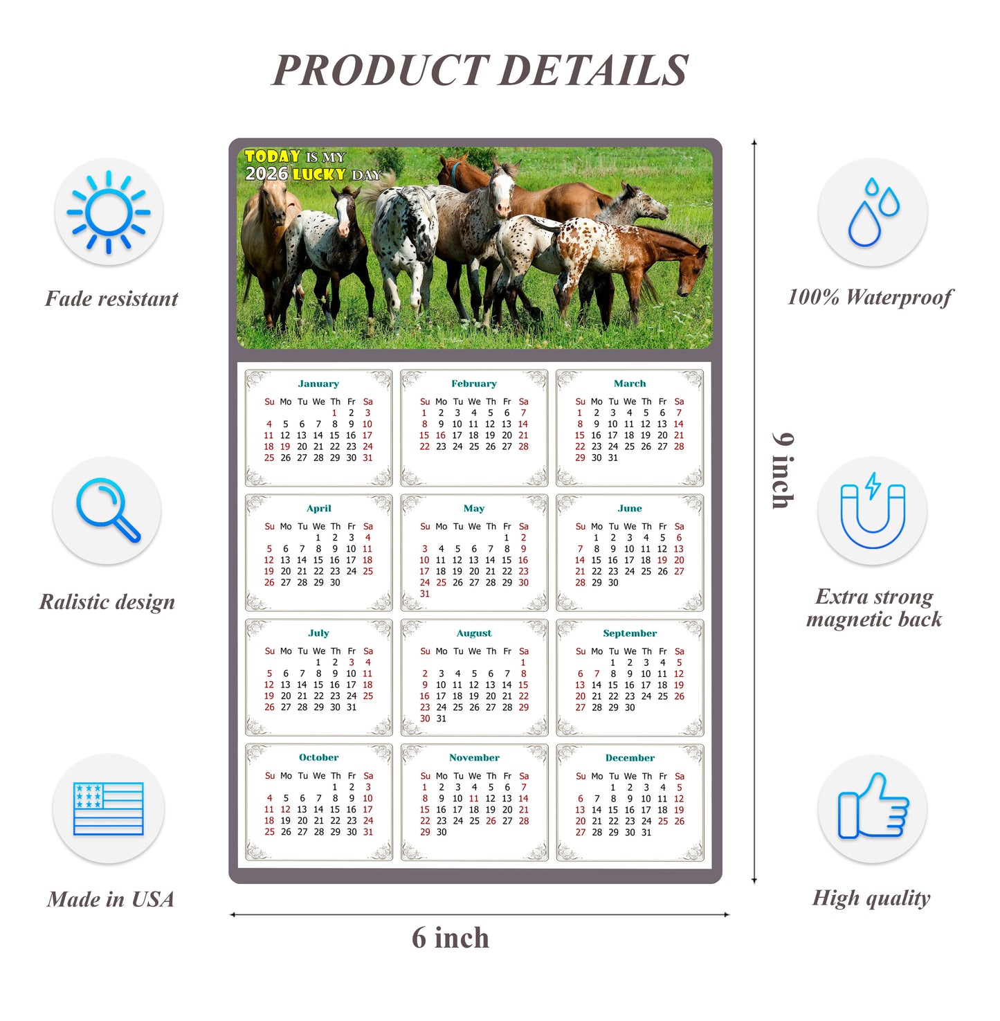 2026 Peel & Stick Calendar - Today is my Lucky Day Removable - Horses 02 (9"x 6")
