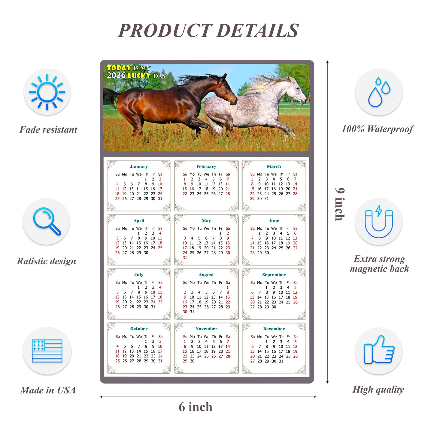 2026 Peel & Stick Calendar - Today is my Lucky Day Removable - Horses 03 (9"x 6")