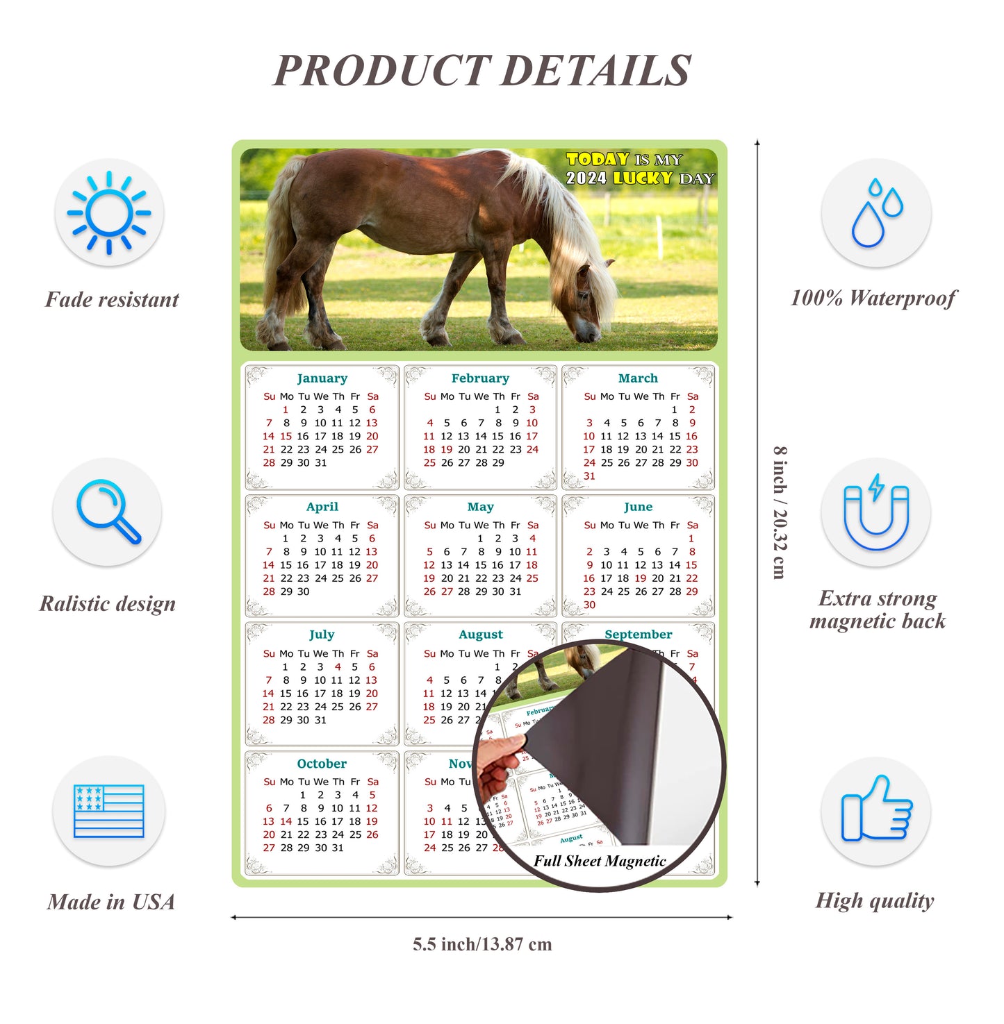 2024 Magnetic Calendar - Calendar Magnets - Today is my Lucky Day - (Fade, Tear, and Water Resistant) - Horses Themed 016
