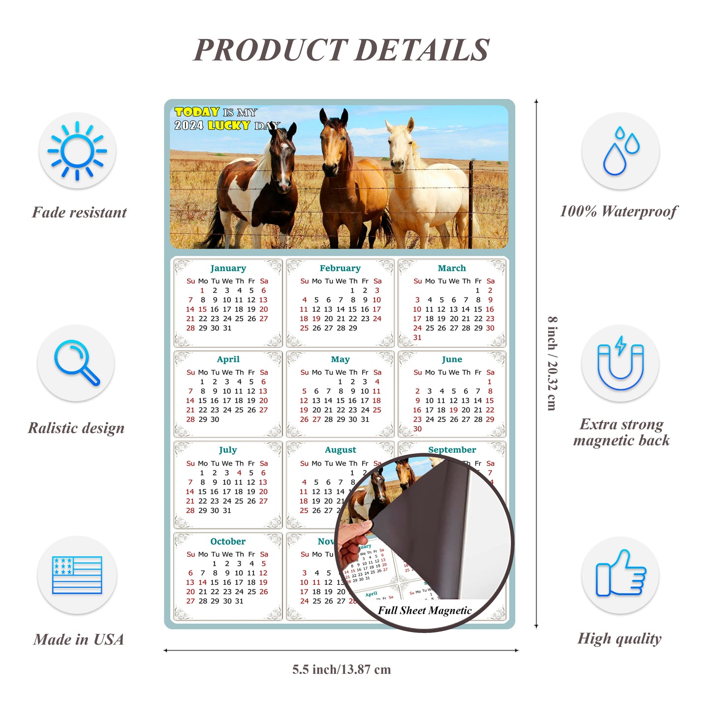 2024 Magnetic Calendar - Calendar Magnets - Today is my Lucky Day - (Fade, Tear, and Water Resistant) - Horses Themed 07