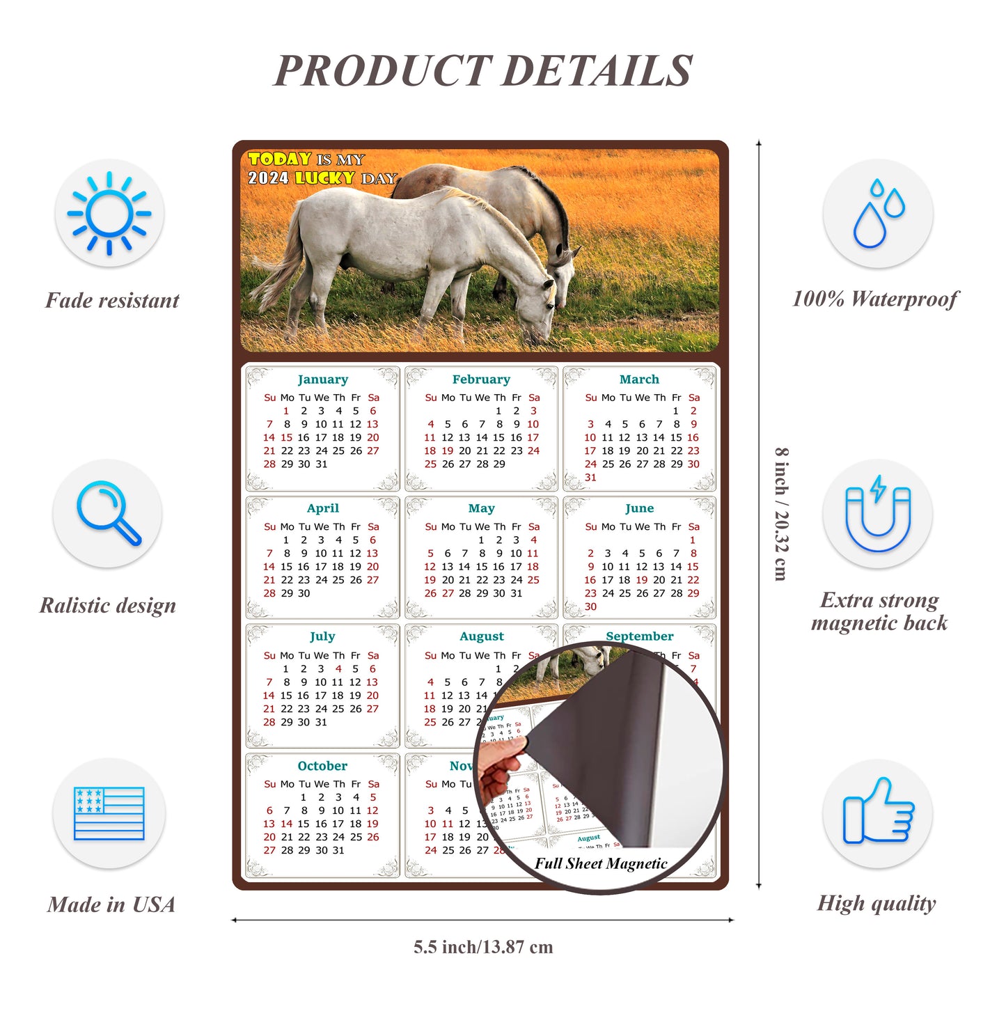2024 Magnetic Calendar - Calendar Magnets - Today is my Lucky Day - (Fade, Tear, and Water Resistant) - Horses Themed 013