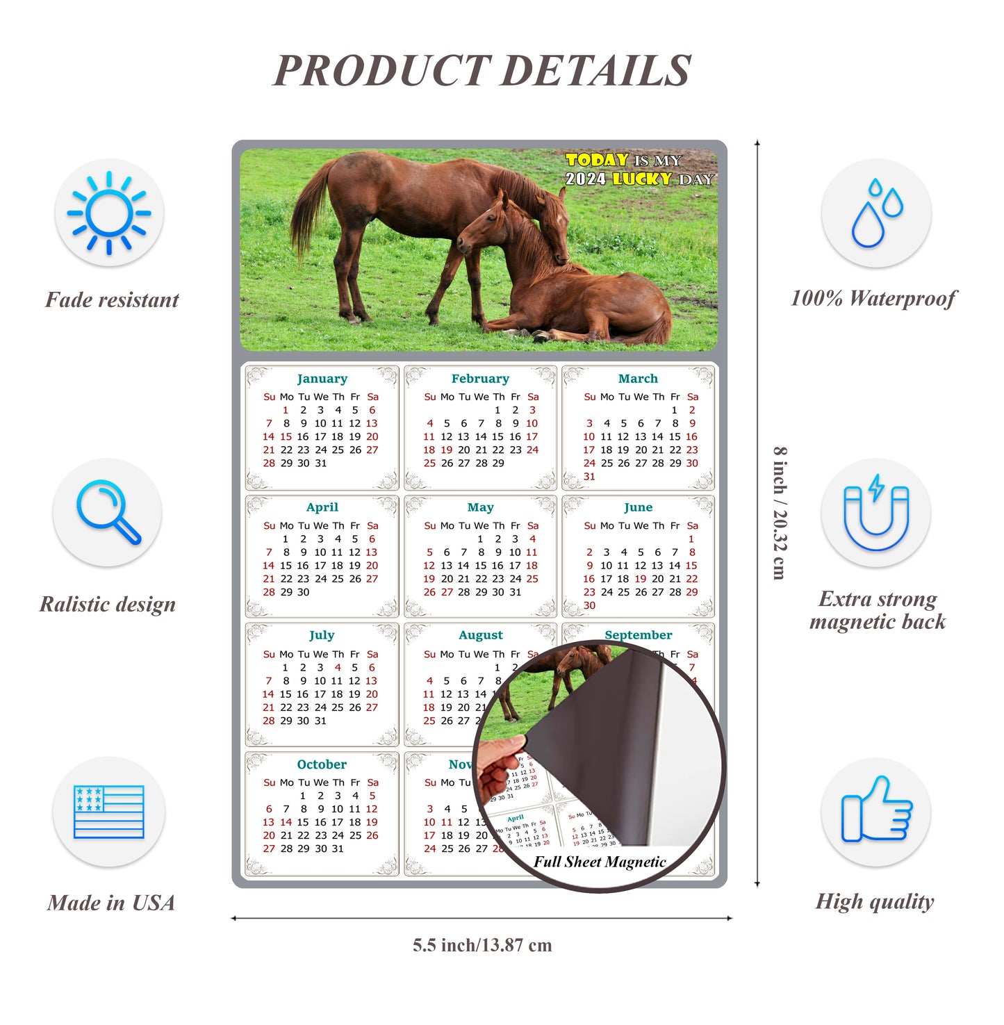 2024 Magnetic Calendar - Calendar Magnets - Today is my Lucky Day - (Fade, Tear, and Water Resistant) - Horses Themed 019