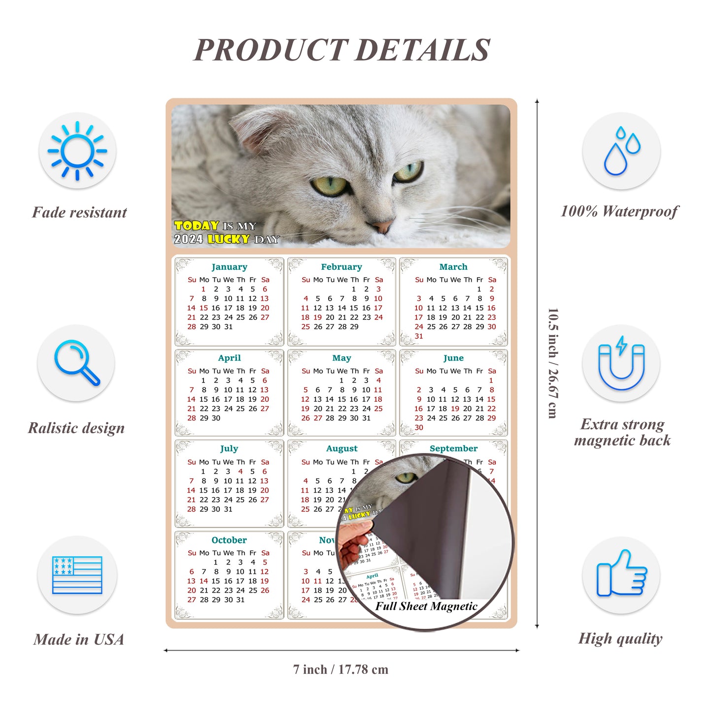 2024 Magnetic Calendar - Today is My Lucky Day (Fade, Tear, and Water Resistant)- Cat Themed 01