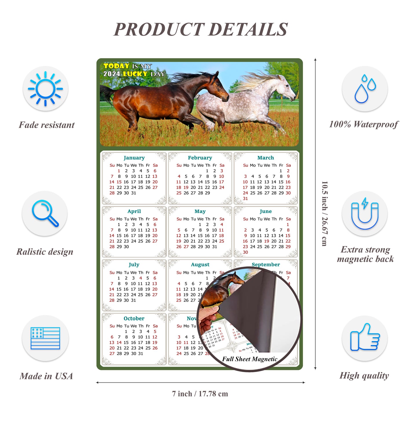 2024 Magnetic Calendar - Calendar Magnets - Today is my Lucky Day - (Fade, Tear, and Water Resistant) - Horses Themed 03