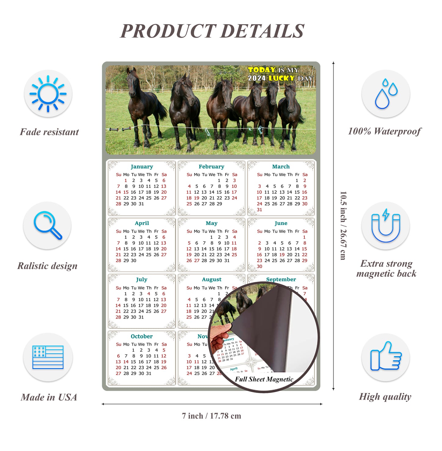 2024 Magnetic Calendar - Calendar Magnets - Today is my Lucky Day - (Fade, Tear, and Water Resistant) - Horses Themed 06